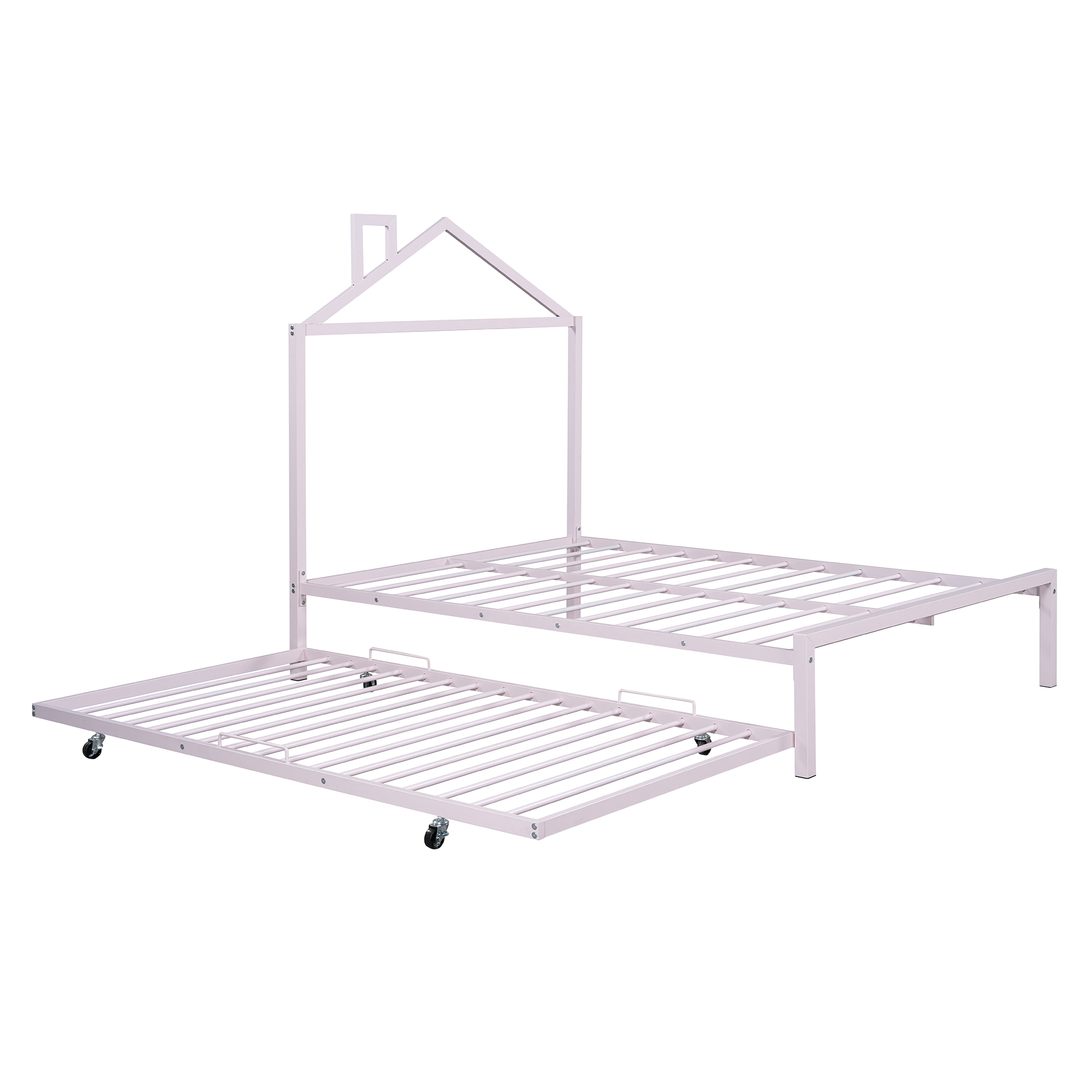 Full Size Metal Platform Bed with twin size trundle,House-Shaped Headboard Design, Pink