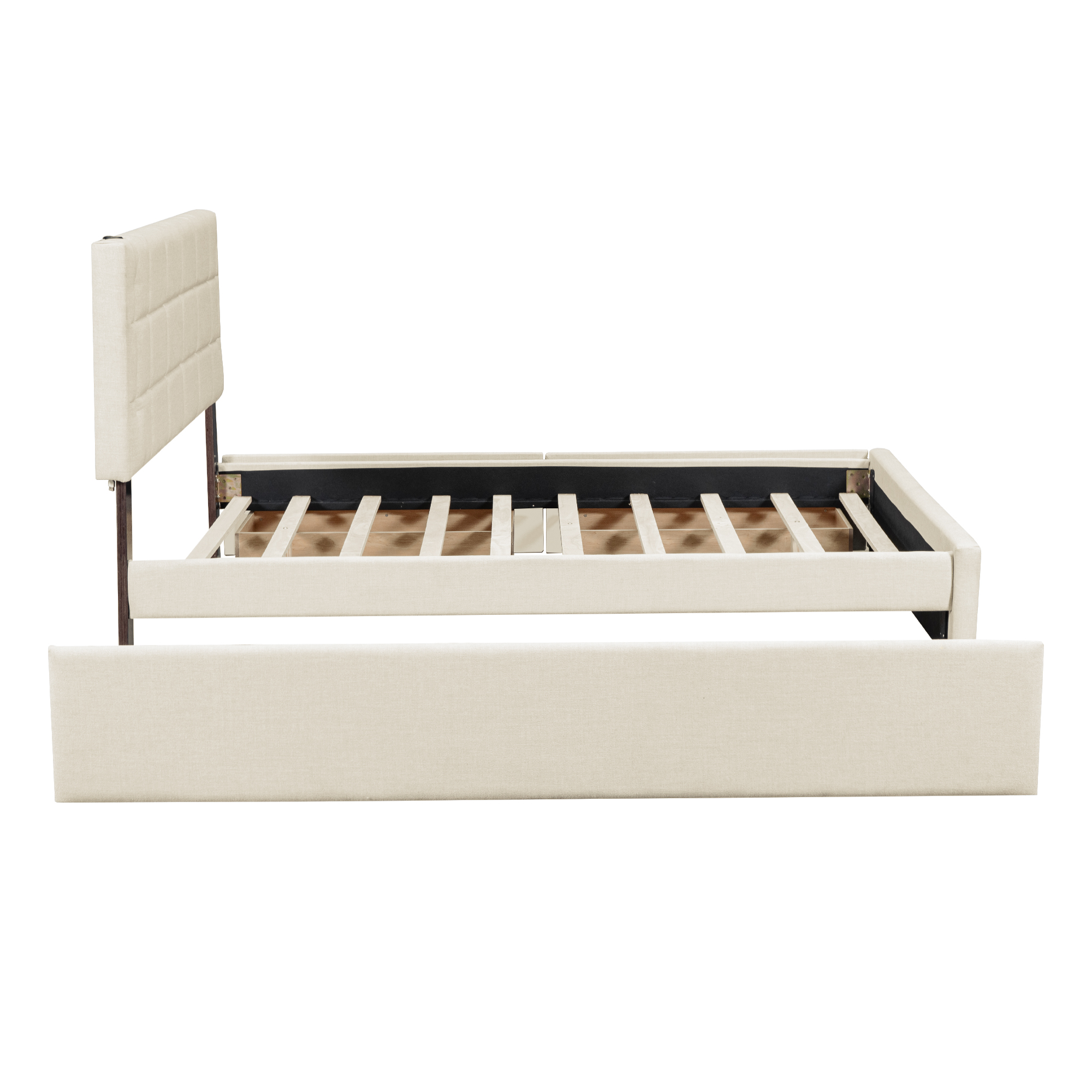 Queen Size Upholstered Platform Bed with Trundle and Drawers, Beige