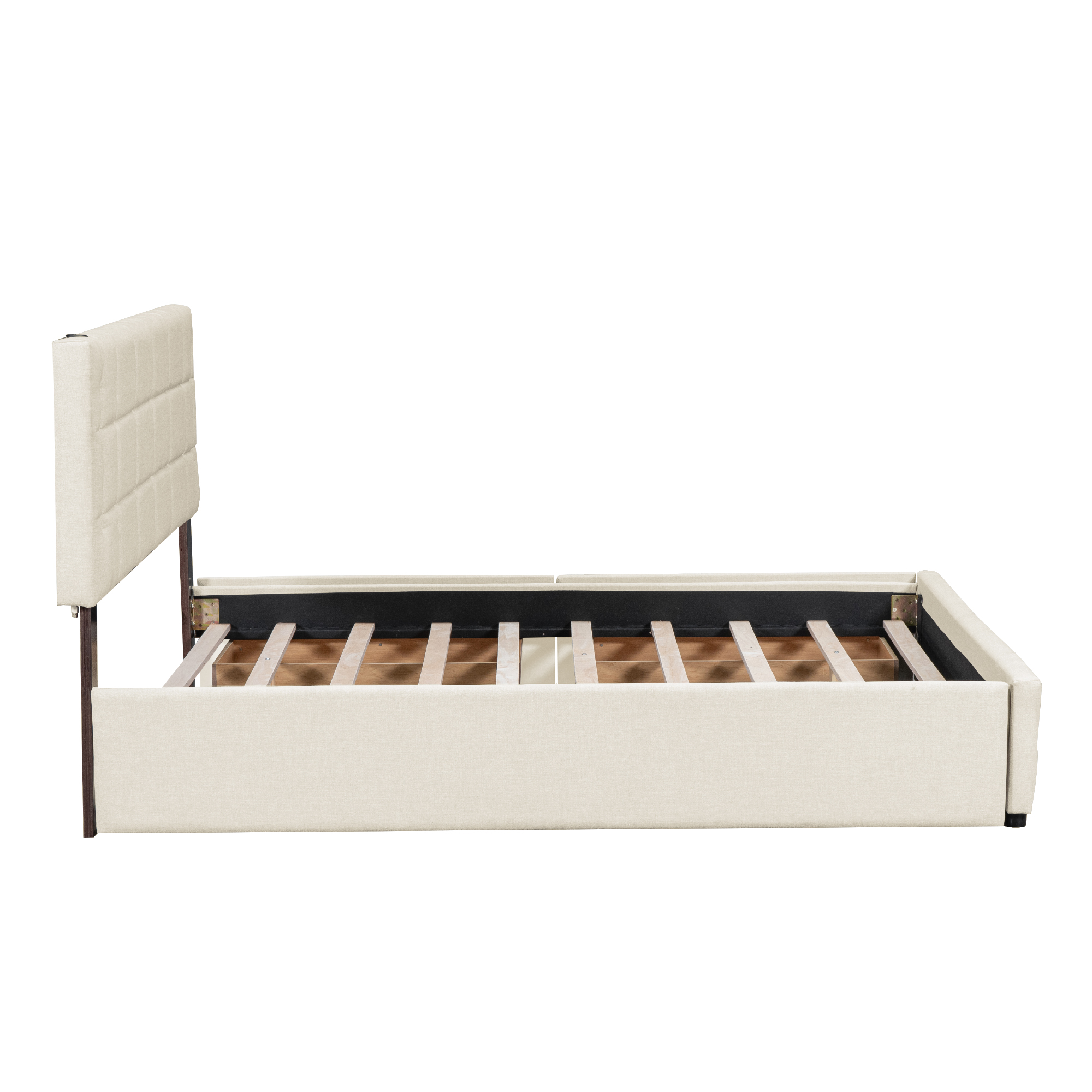 Queen Size Upholstered Platform Bed with Trundle and Drawers, Beige