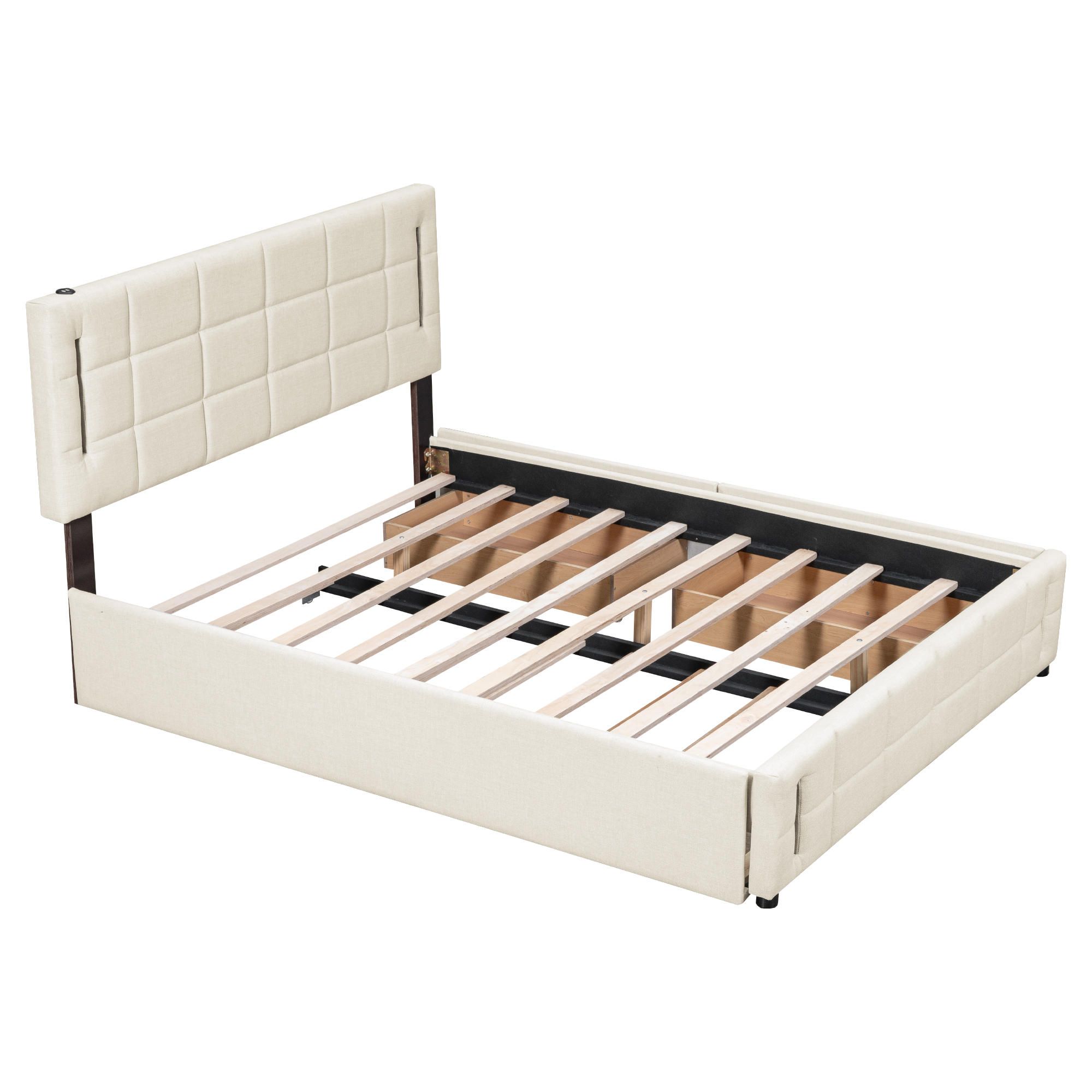 Queen Size Upholstered Platform Bed with Trundle and Drawers, Beige