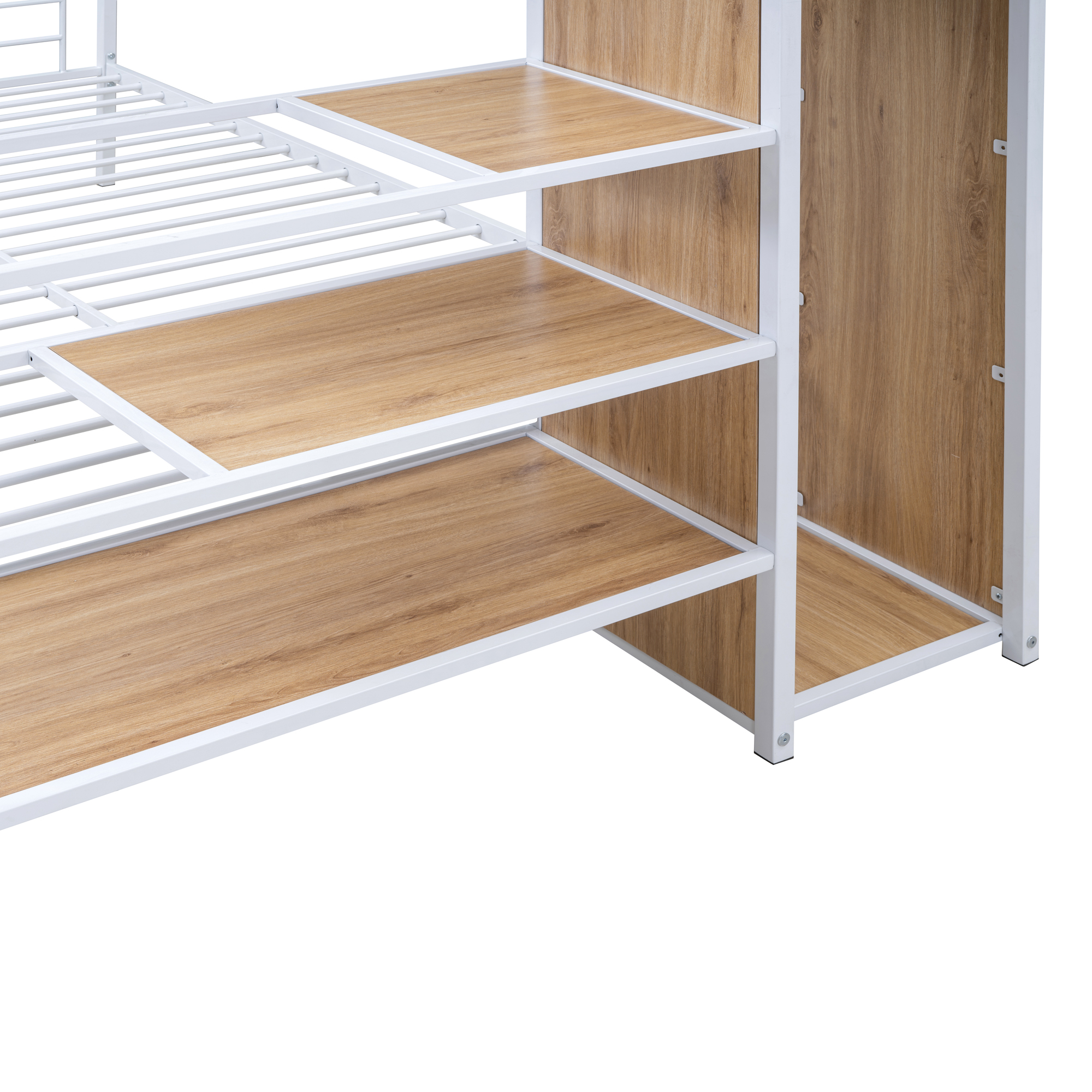 Full Over Full Metal Bunk Bed with Lateral Storage Ladder and Wardrobe, White