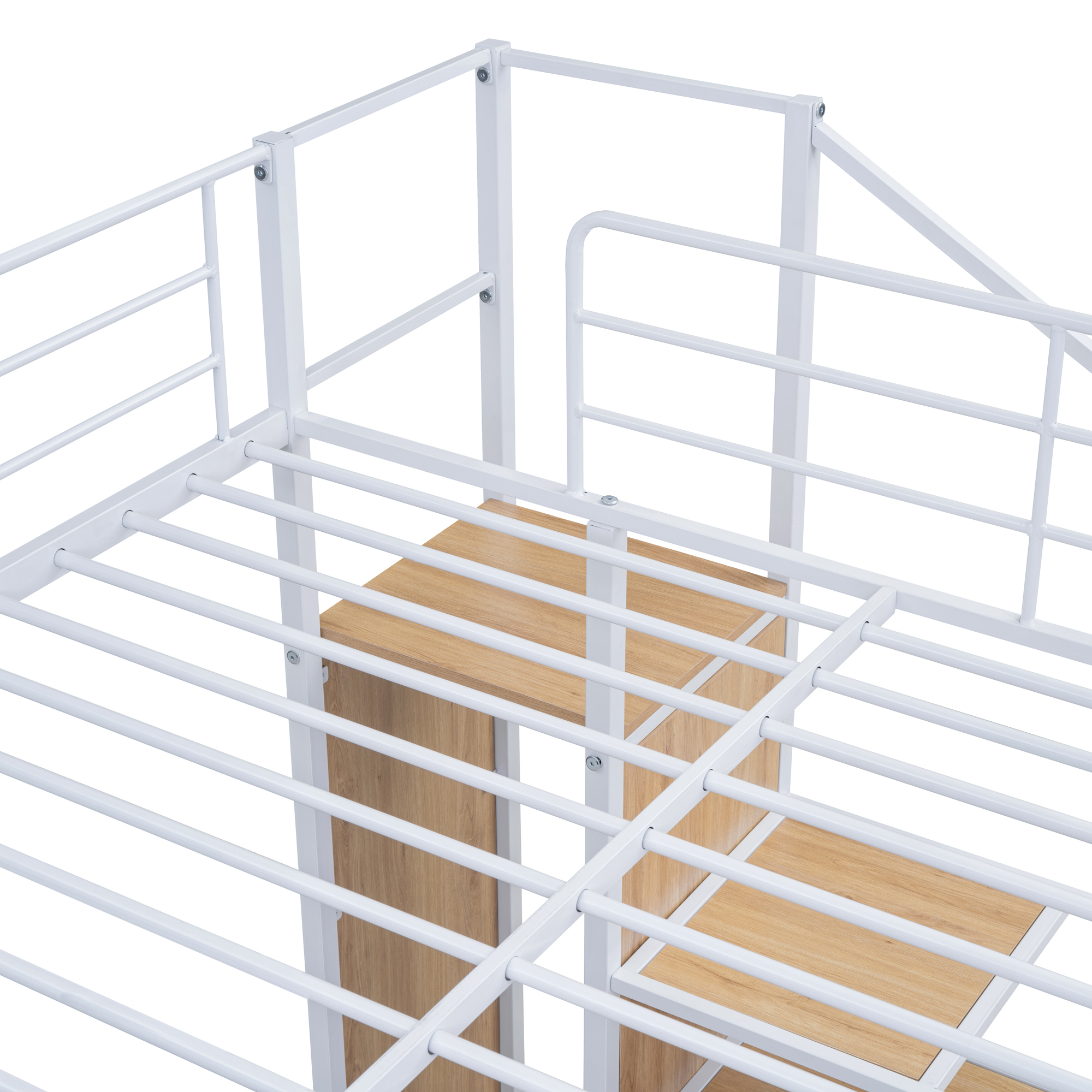 Full Over Full Metal Bunk Bed with Lateral Storage Ladder and Wardrobe, White