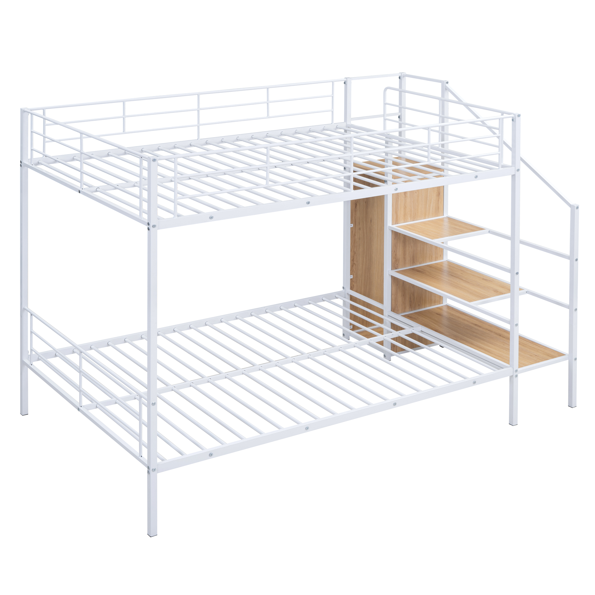 Full Over Full Metal Bunk Bed with Lateral Storage Ladder and Wardrobe, White