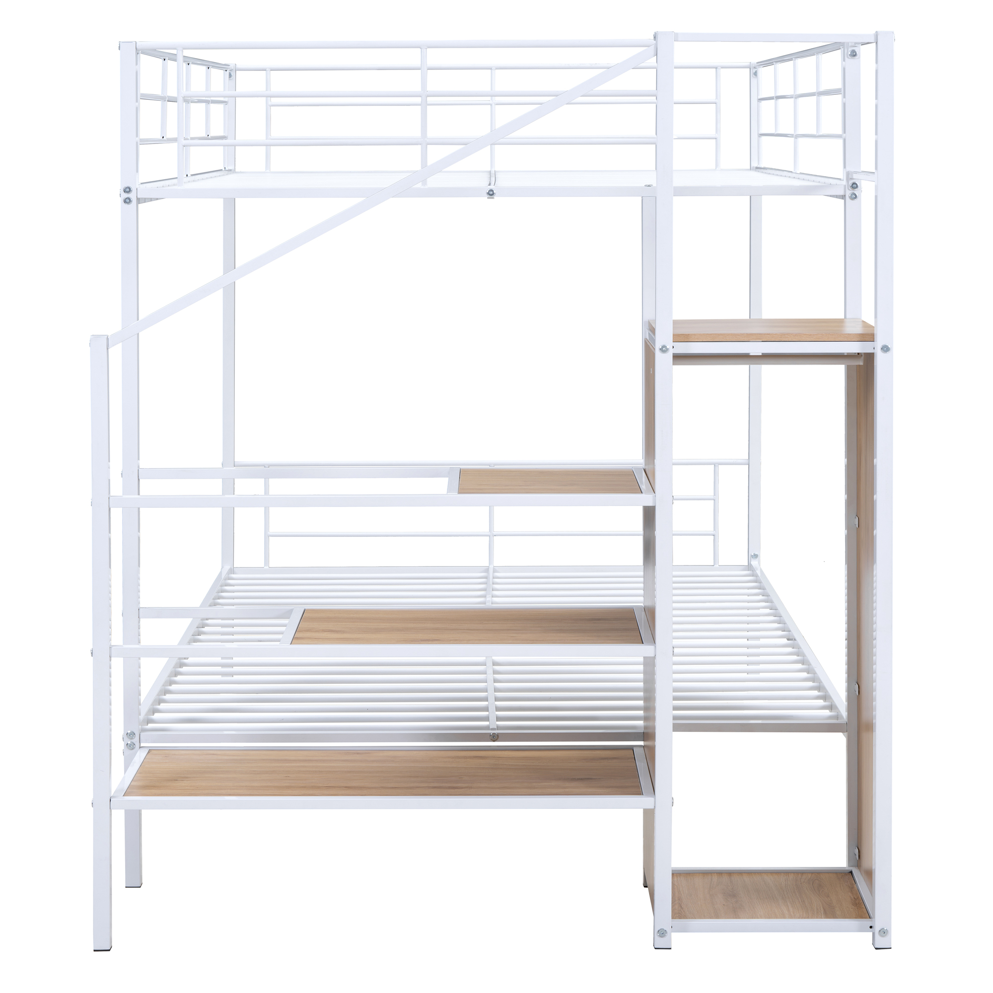 Full Over Full Metal Bunk Bed with Lateral Storage Ladder and Wardrobe, White