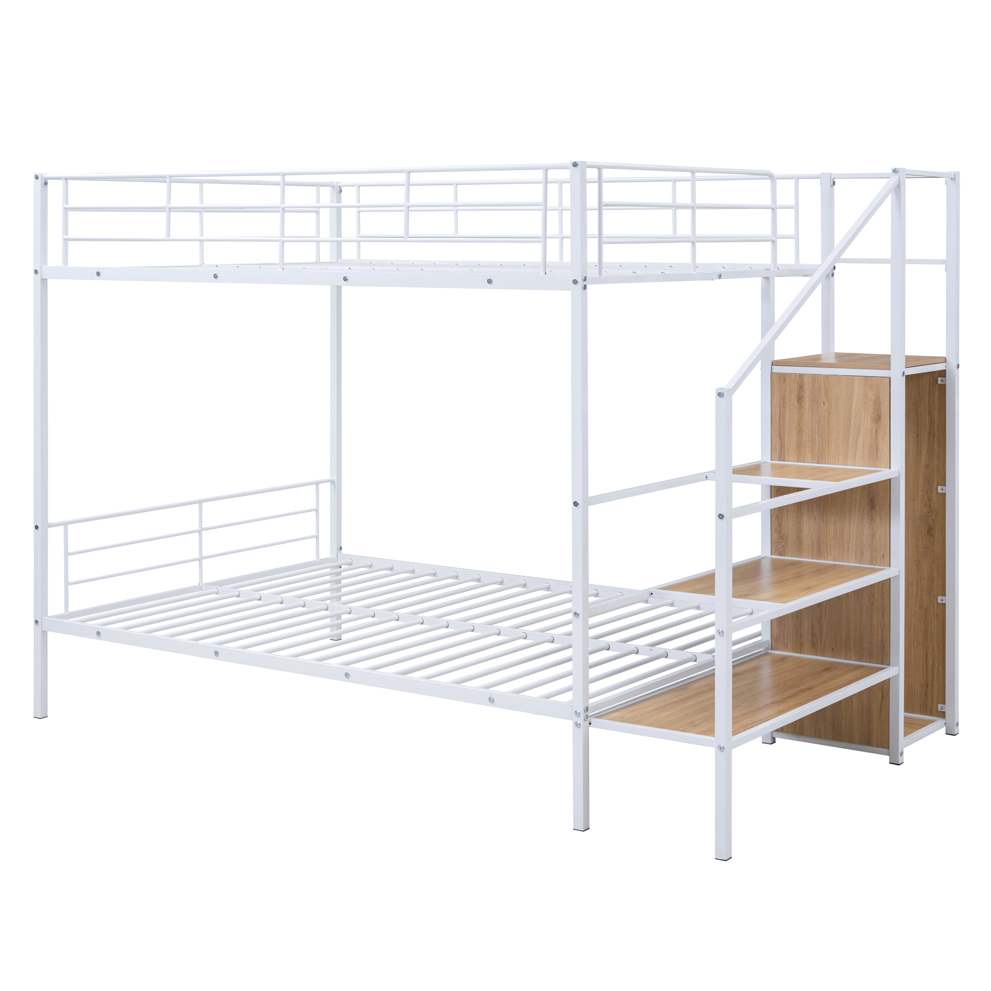 Full Over Full Metal Bunk Bed with Lateral Storage Ladder and Wardrobe, White