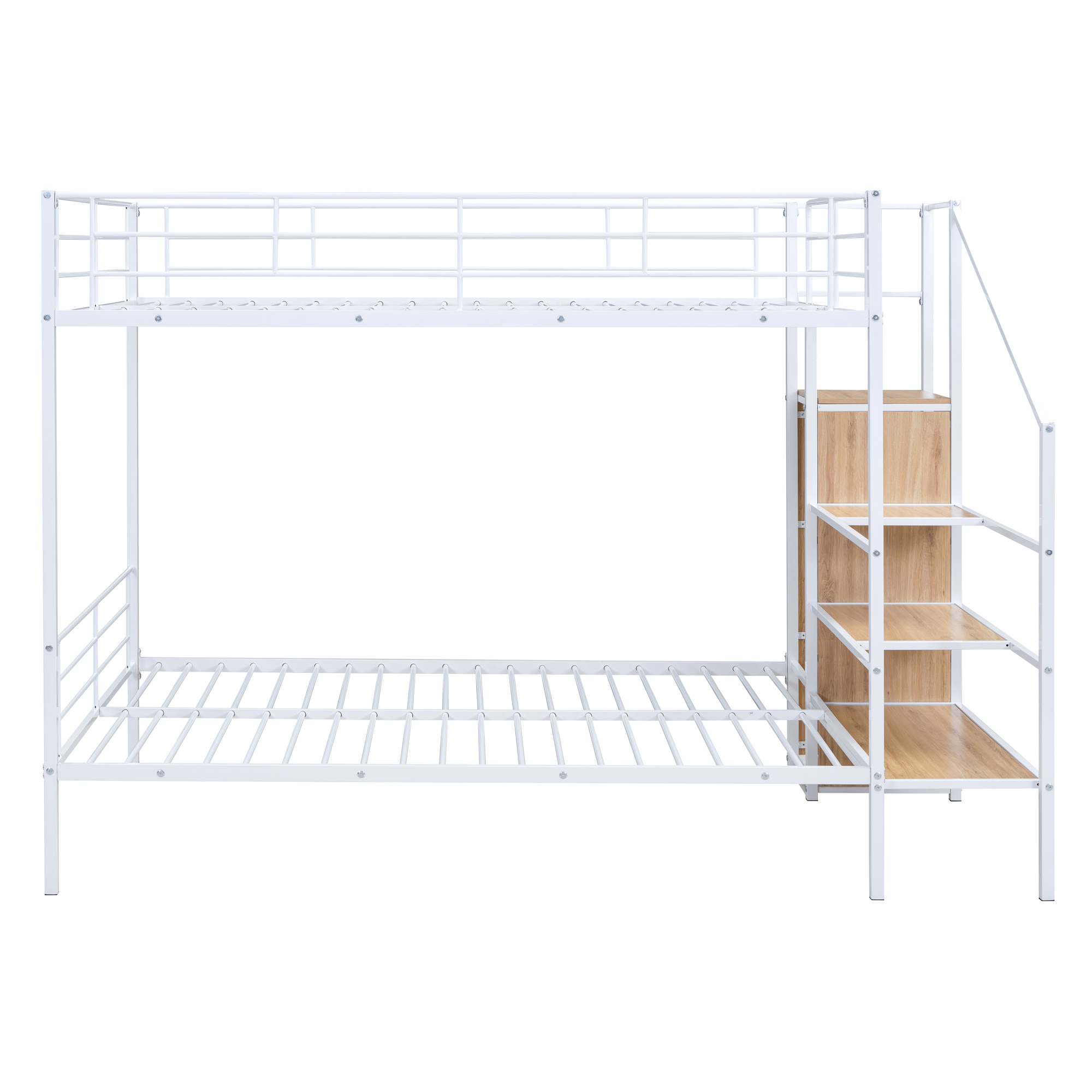 Full Over Full Metal Bunk Bed with Lateral Storage Ladder and Wardrobe, White