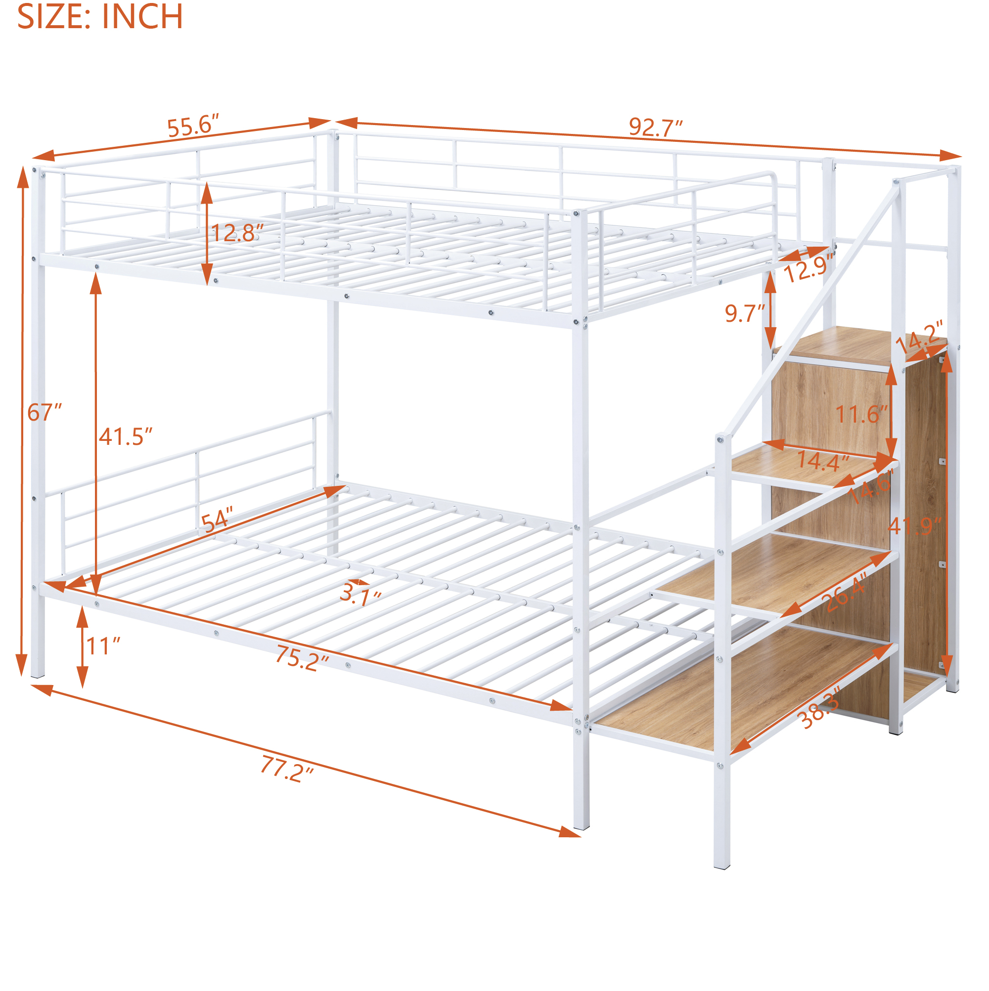 Full Over Full Metal Bunk Bed with Lateral Storage Ladder and Wardrobe, White