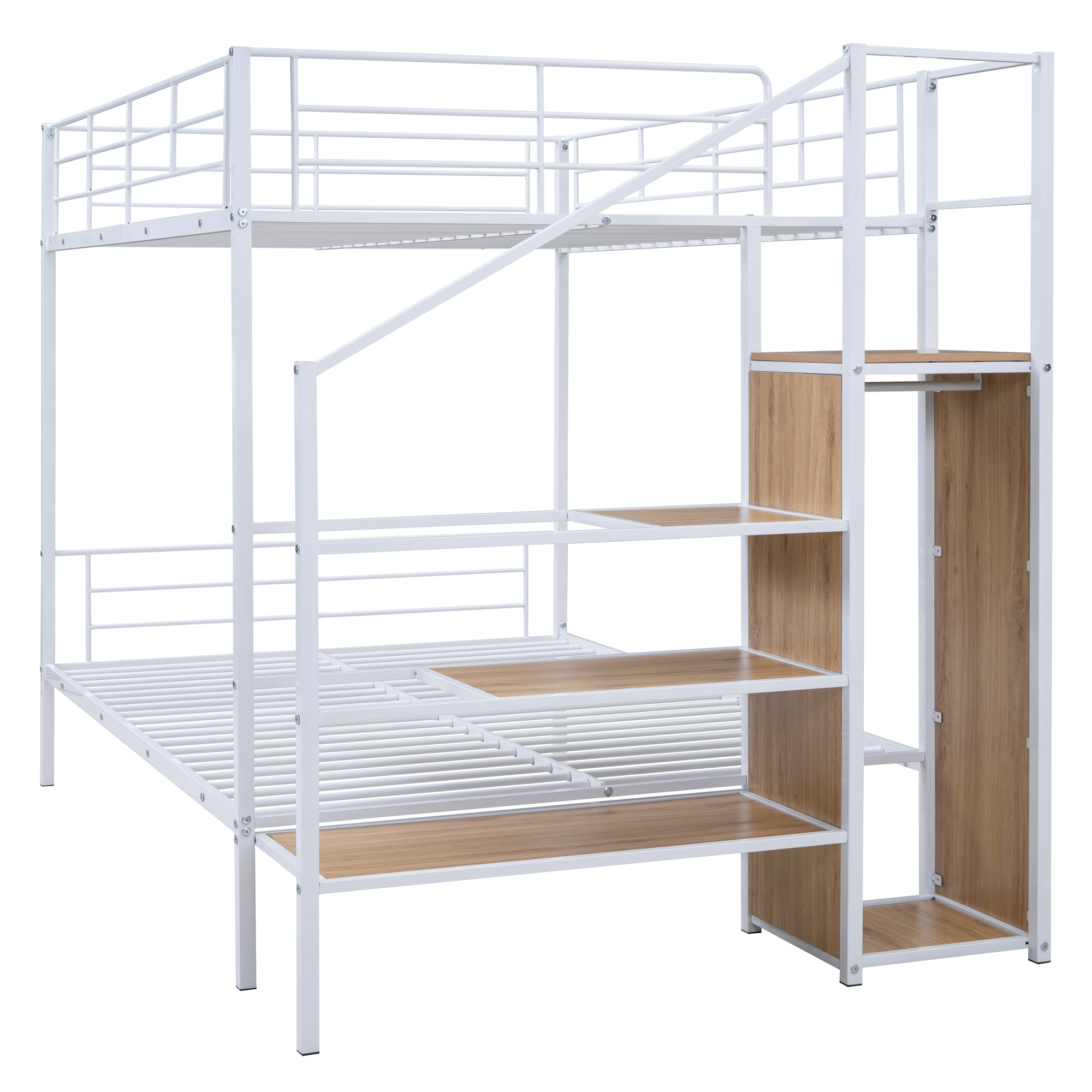 Full Over Full Metal Bunk Bed with Lateral Storage Ladder and Wardrobe, White