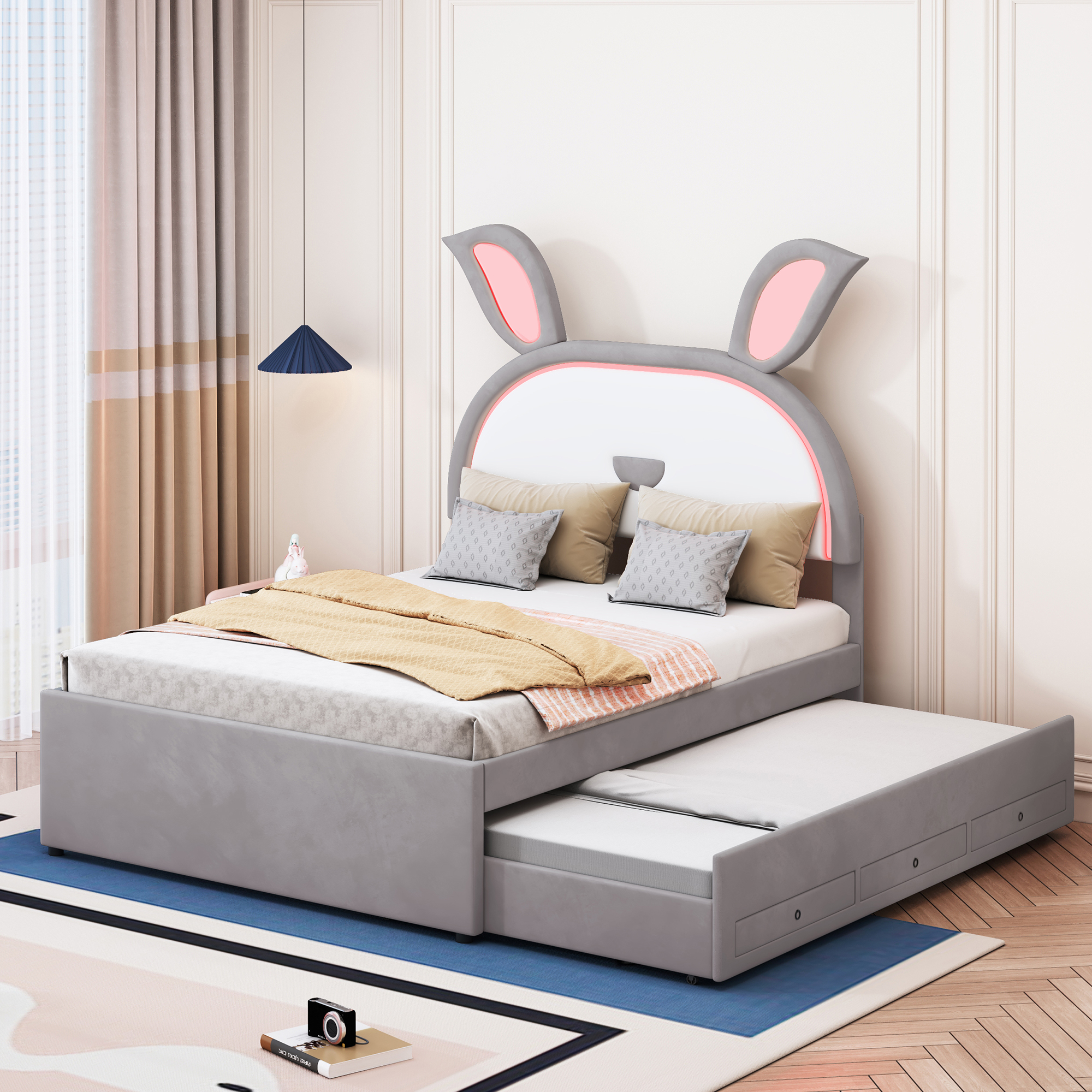 Full Size Upholstered Platform Bed with Trundle and 3 Drawers, Rabbit-Shaped Headboard with Embedded LED Lights, Gray