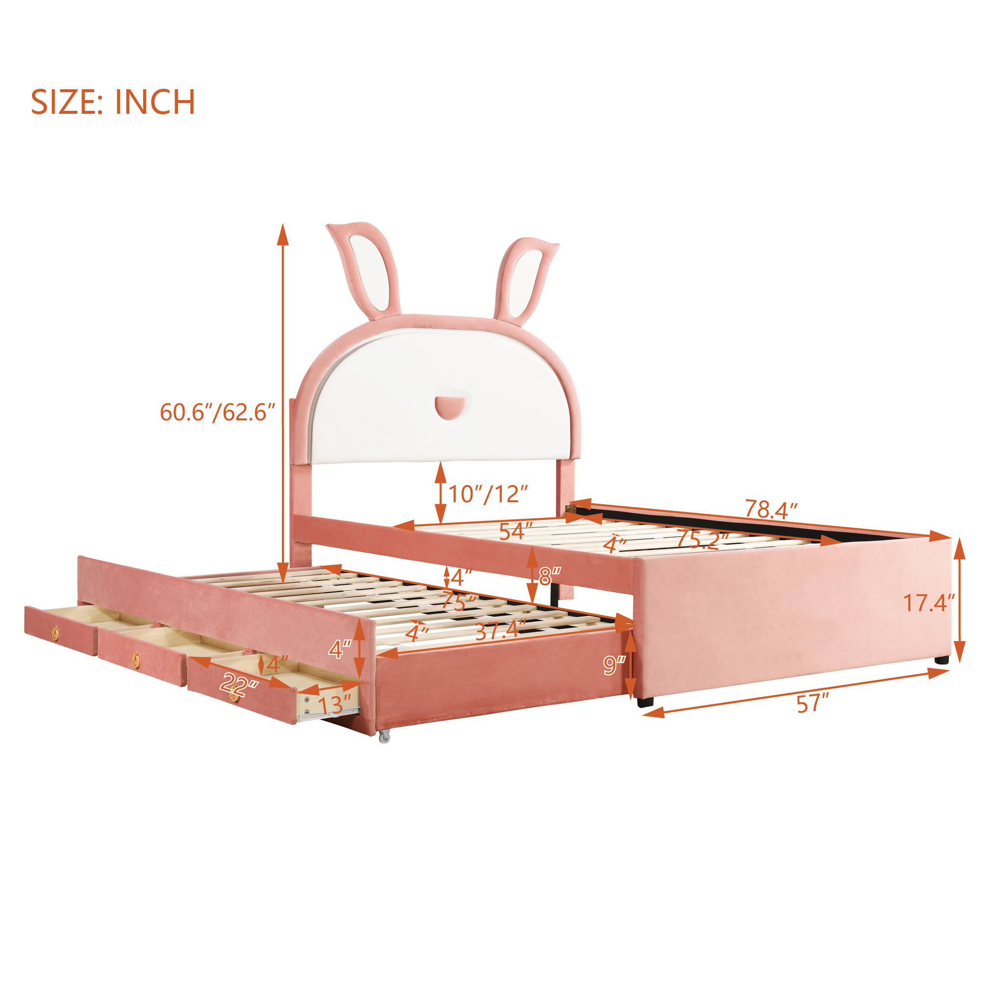 Full Size Upholstered Platform Bed with Trundle and 3 Drawers, Rabbit-Shaped Headboard with Embedded LED Lights, Pink