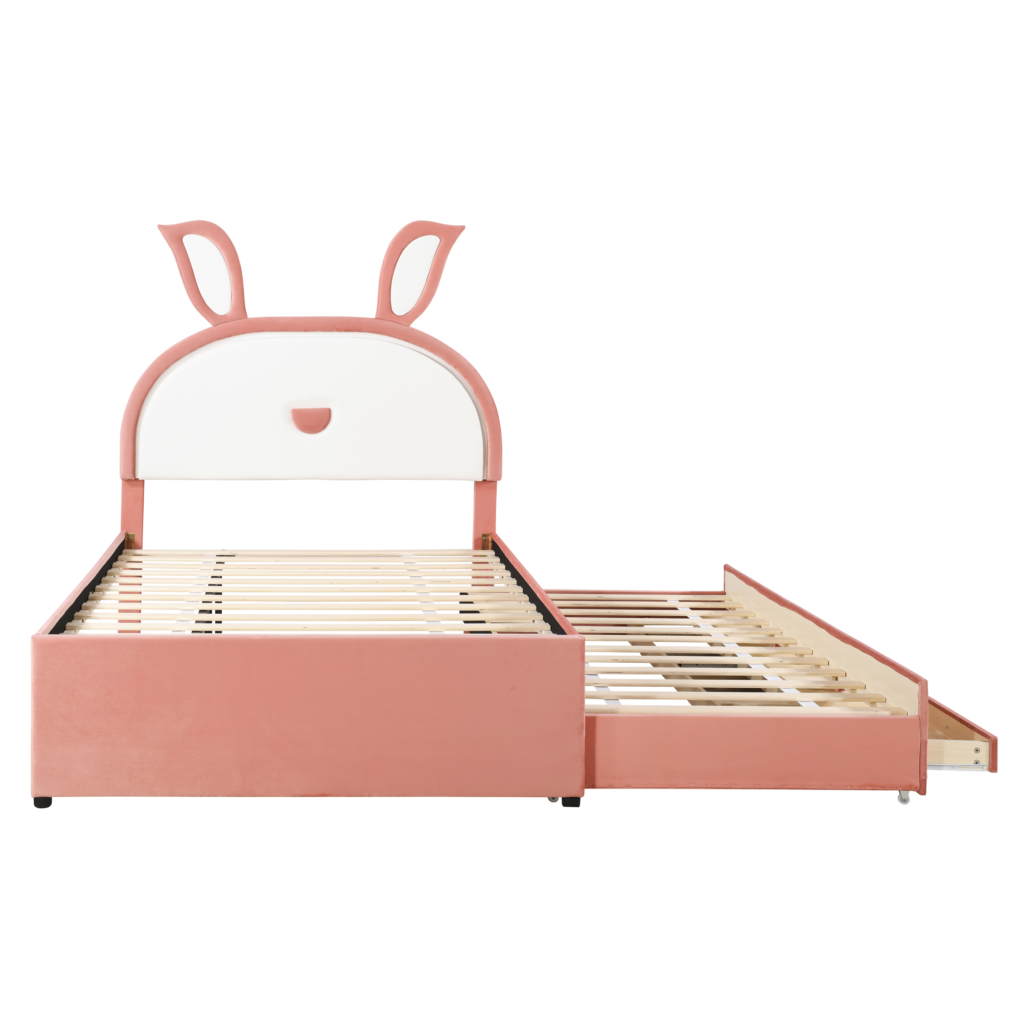 Full Size Upholstered Platform Bed with Trundle and 3 Drawers, Rabbit-Shaped Headboard with Embedded LED Lights, Pink