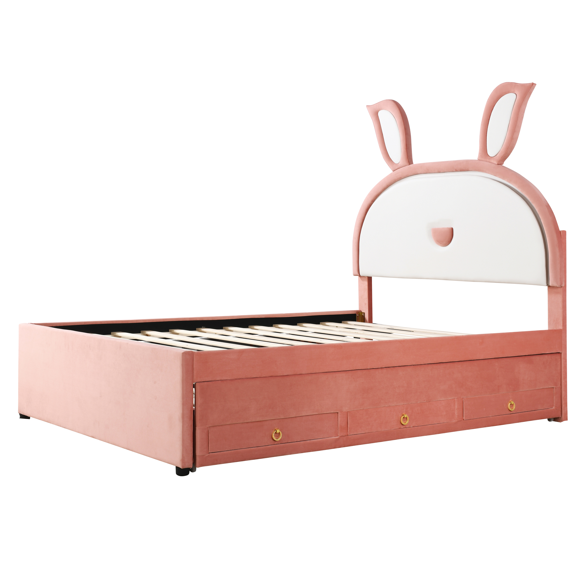 Full Size Upholstered Platform Bed with Trundle and 3 Drawers, Rabbit-Shaped Headboard with Embedded LED Lights, Pink