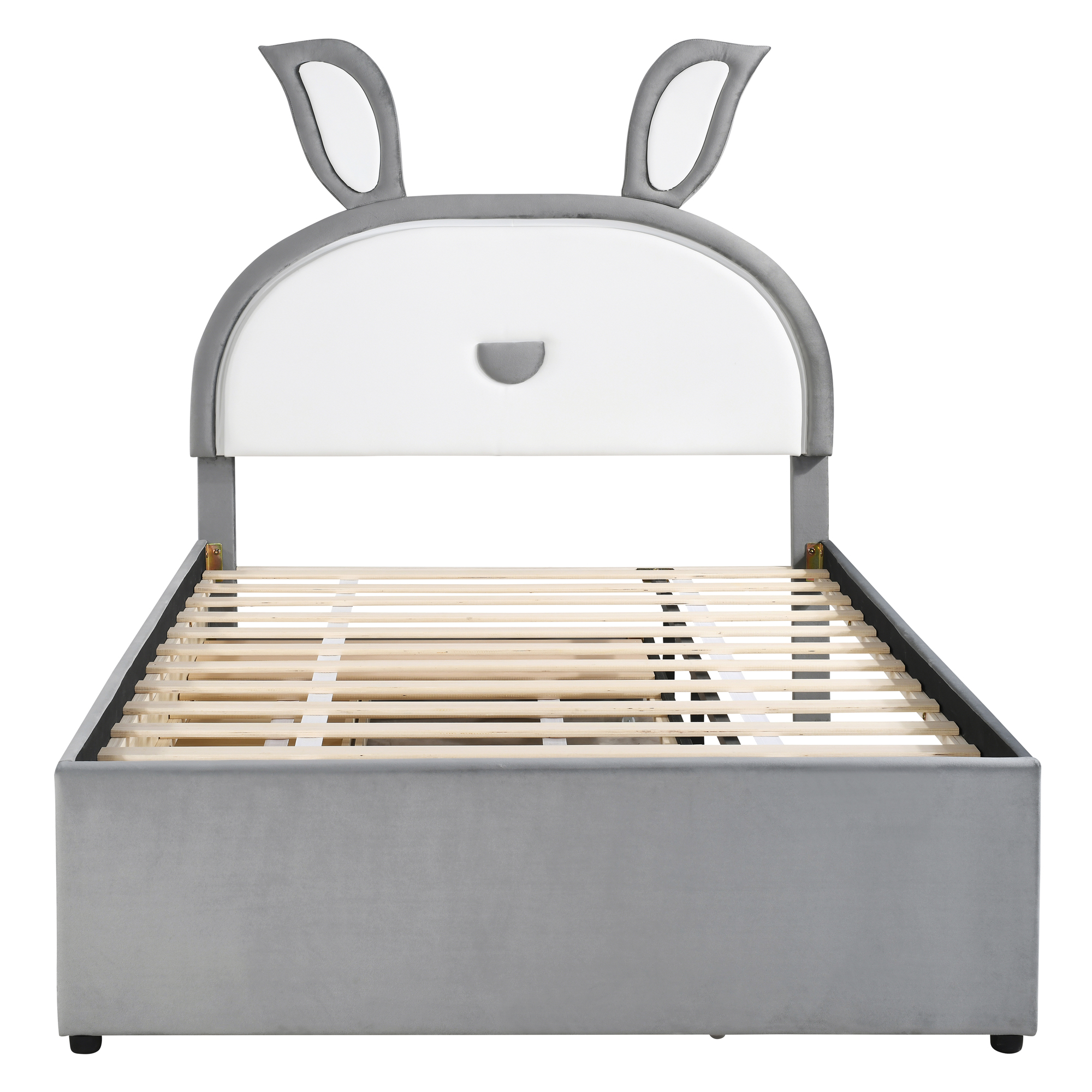 Full Size Upholstered Platform Bed with Trundle and 3 Drawers, Rabbit-Shaped Headboard with Embedded LED Lights, Gray