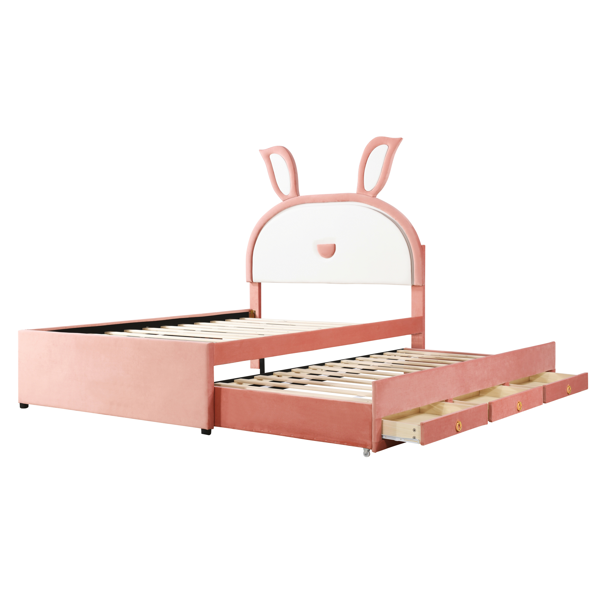 Full Size Upholstered Platform Bed with Trundle and 3 Drawers, Rabbit-Shaped Headboard with Embedded LED Lights, Pink