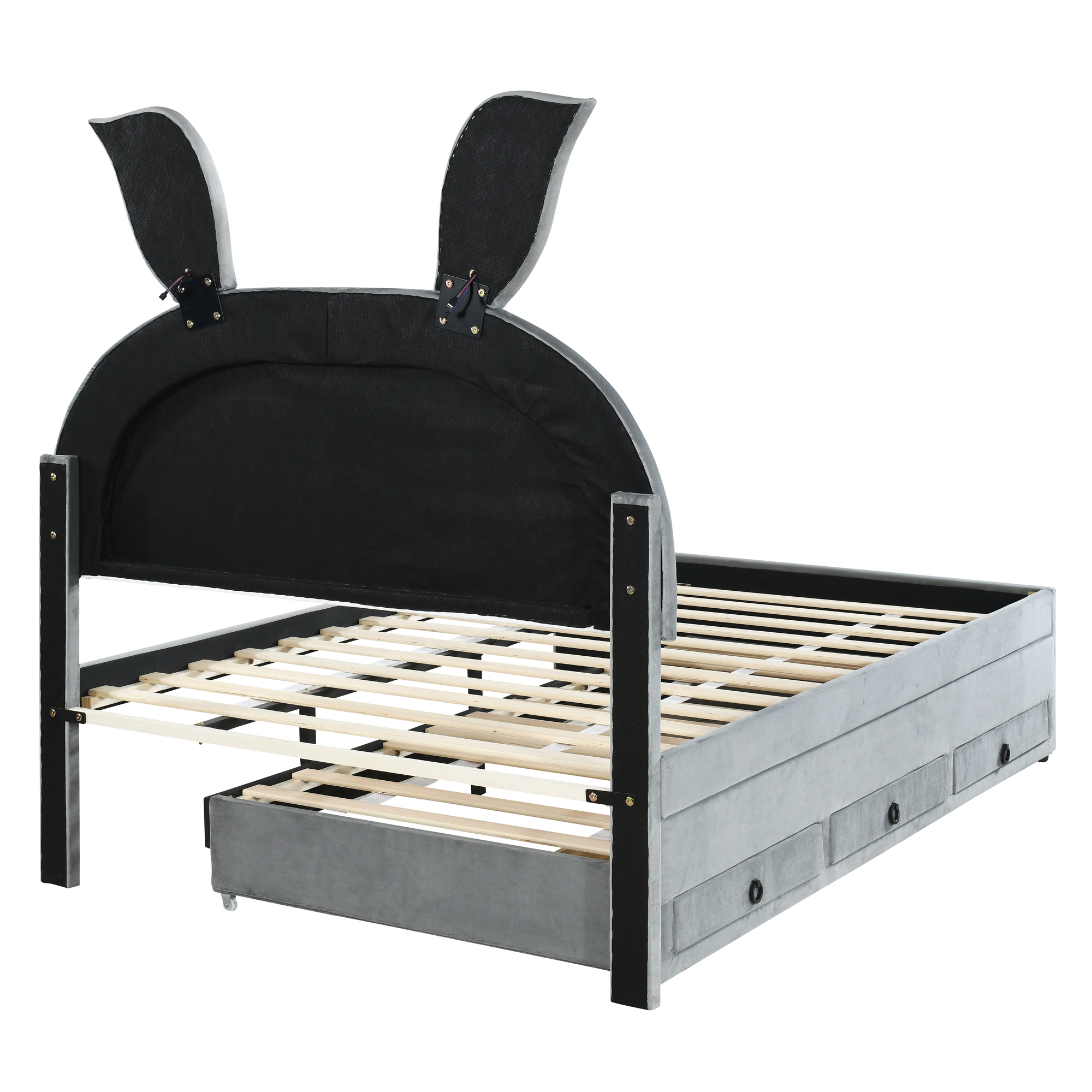 Full Size Upholstered Platform Bed with Trundle and 3 Drawers, Rabbit-Shaped Headboard with Embedded LED Lights, Gray