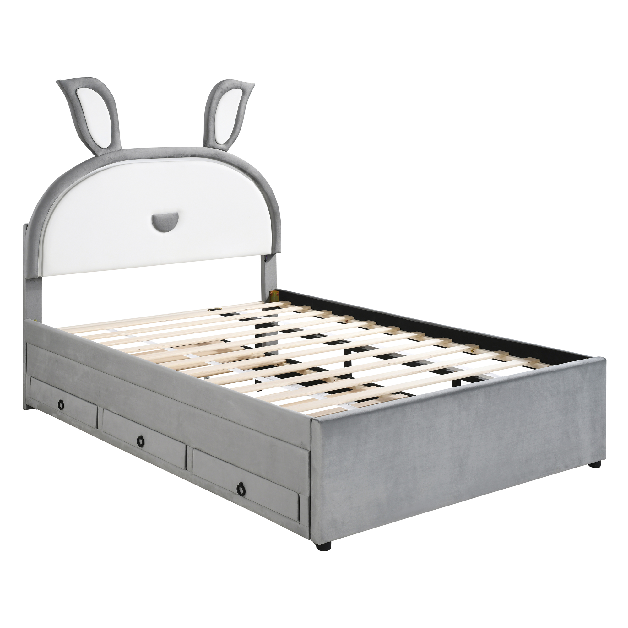 Full Size Upholstered Platform Bed with Trundle and 3 Drawers, Rabbit-Shaped Headboard with Embedded LED Lights, Gray