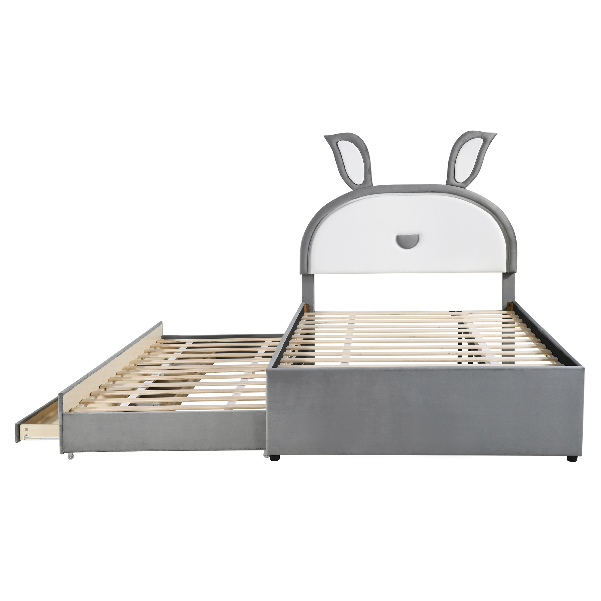 Full Size Upholstered Platform Bed with Trundle and 3 Drawers, Rabbit-Shaped Headboard with Embedded LED Lights, Gray