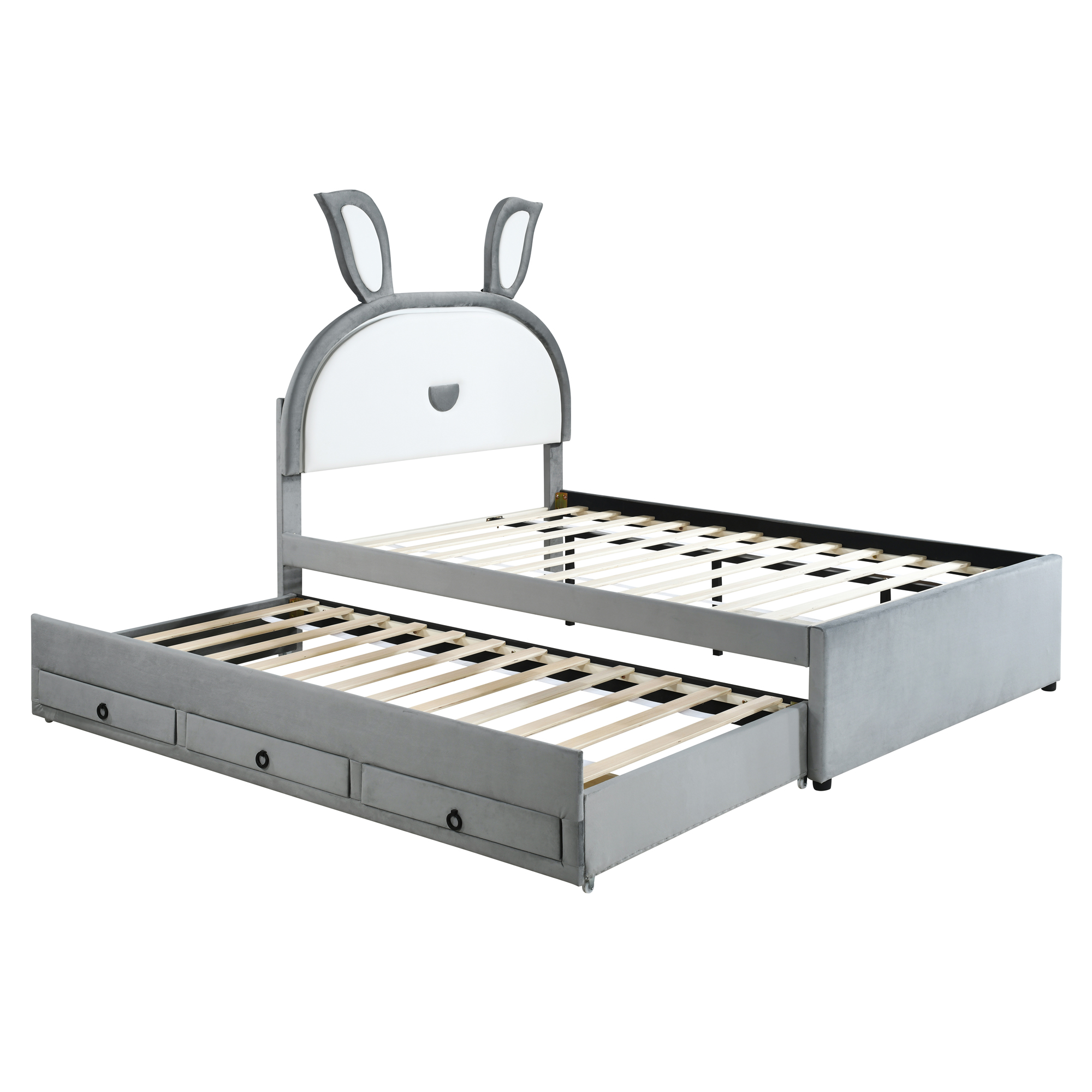 Full Size Upholstered Platform Bed with Trundle and 3 Drawers, Rabbit-Shaped Headboard with Embedded LED Lights, Gray