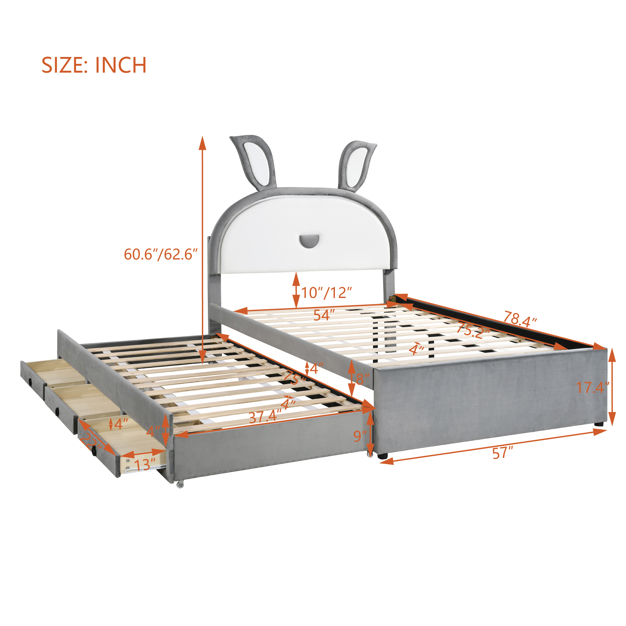 Full Size Upholstered Platform Bed with Trundle and 3 Drawers, Rabbit-Shaped Headboard with Embedded LED Lights, Gray