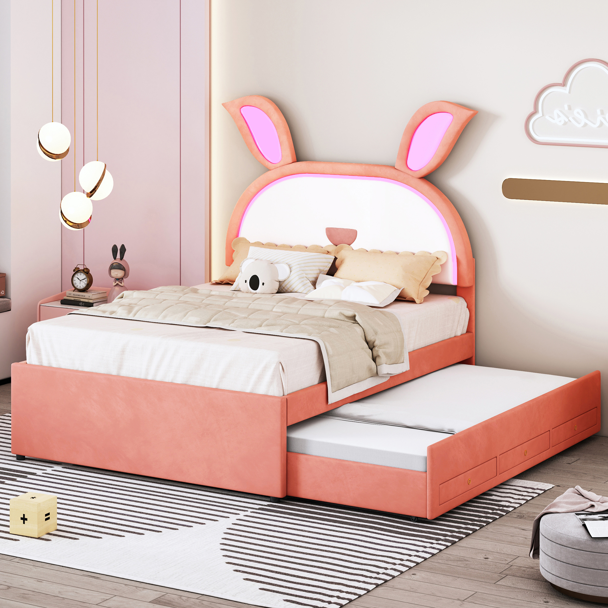 Full Size Upholstered Platform Bed with Trundle and 3 Drawers, Rabbit-Shaped Headboard with Embedded LED Lights, Pink