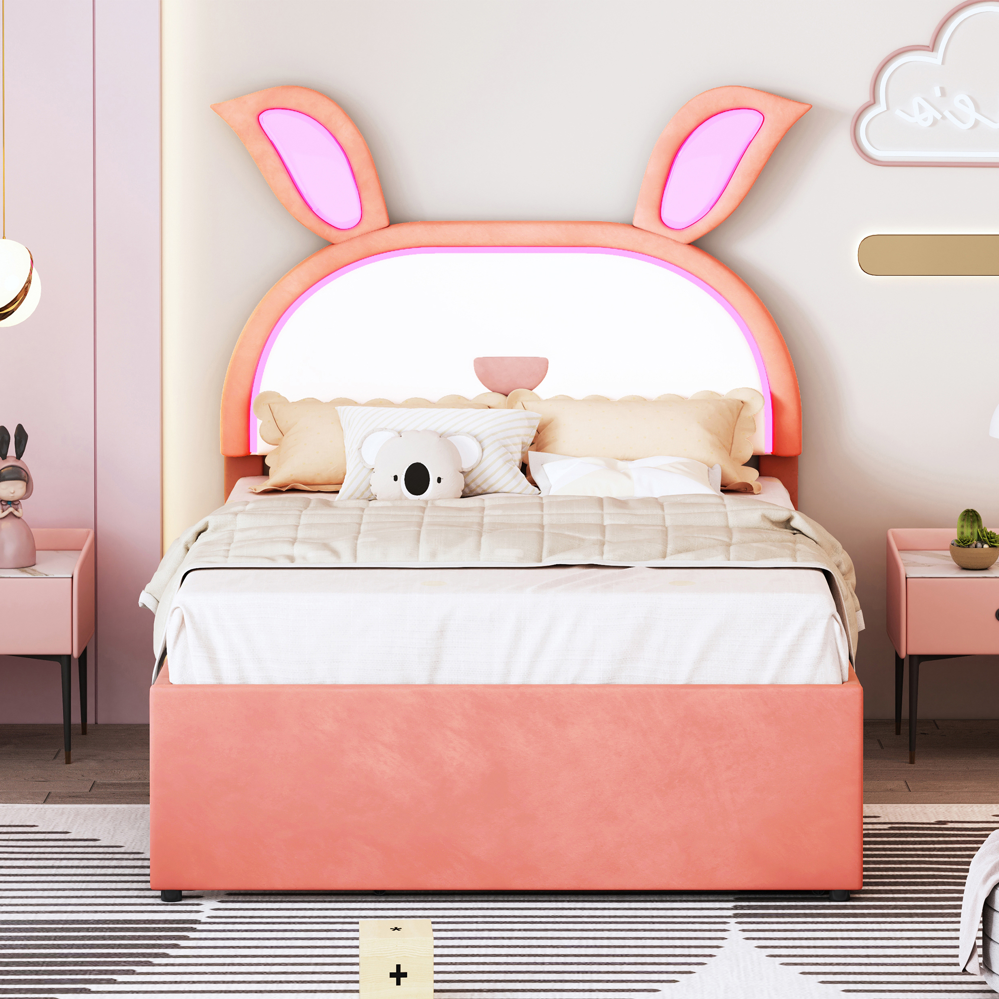 Full Size Upholstered Platform Bed with Trundle and 3 Drawers, Rabbit-Shaped Headboard with Embedded LED Lights, Pink