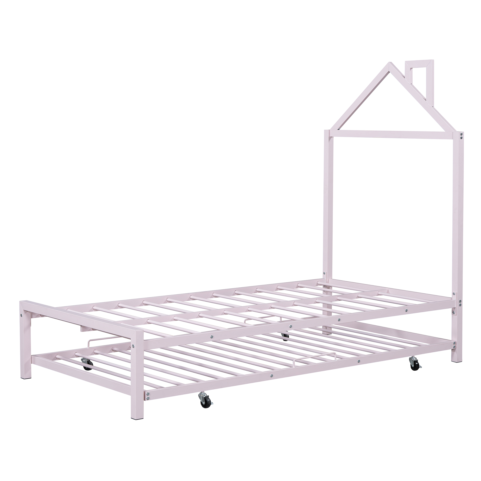 Twin Size Metal Platform Bed with twin size trundle,House-Shaped Headboard Design, Pink