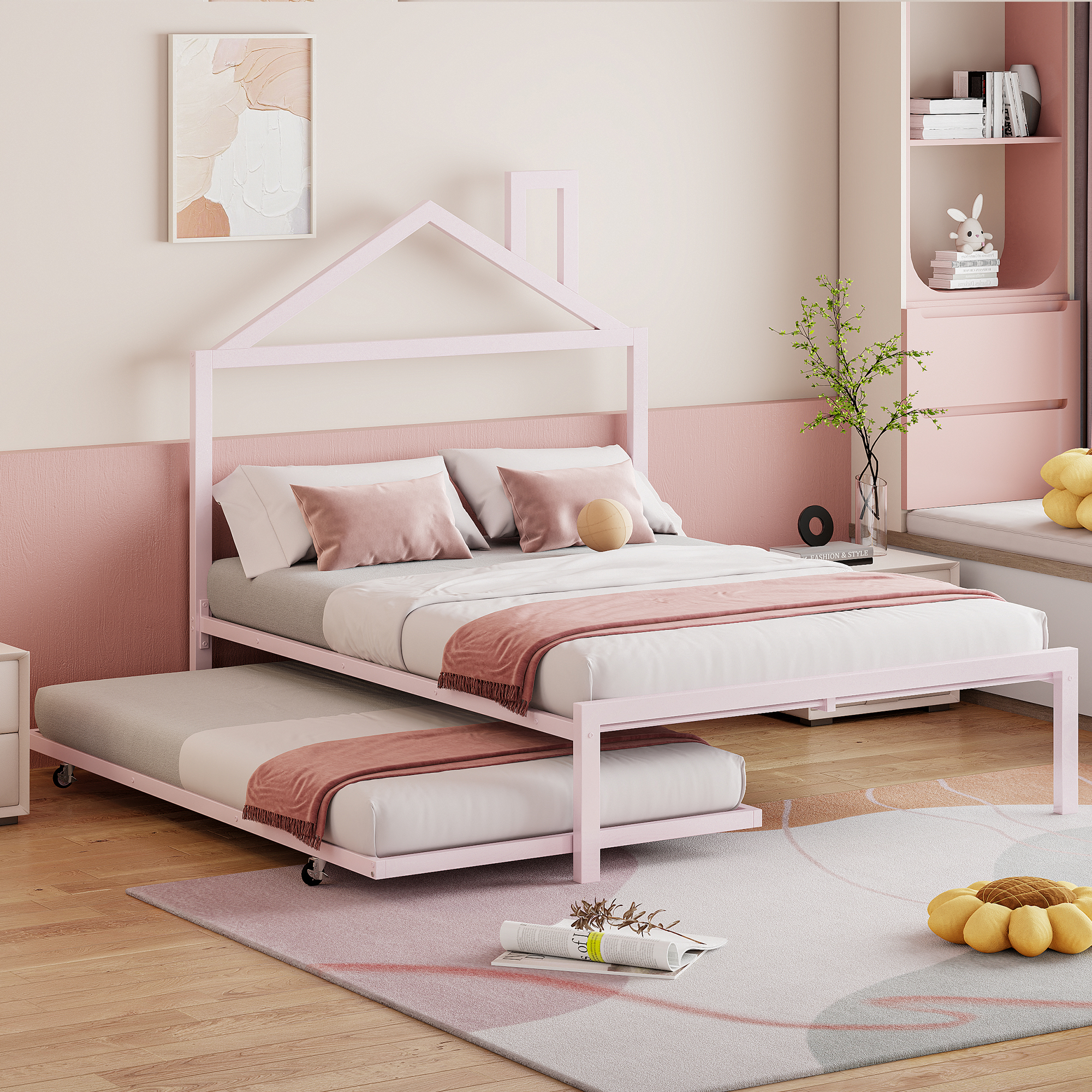 Full Size Metal Platform Bed with twin size trundle,House-Shaped Headboard Design, Pink