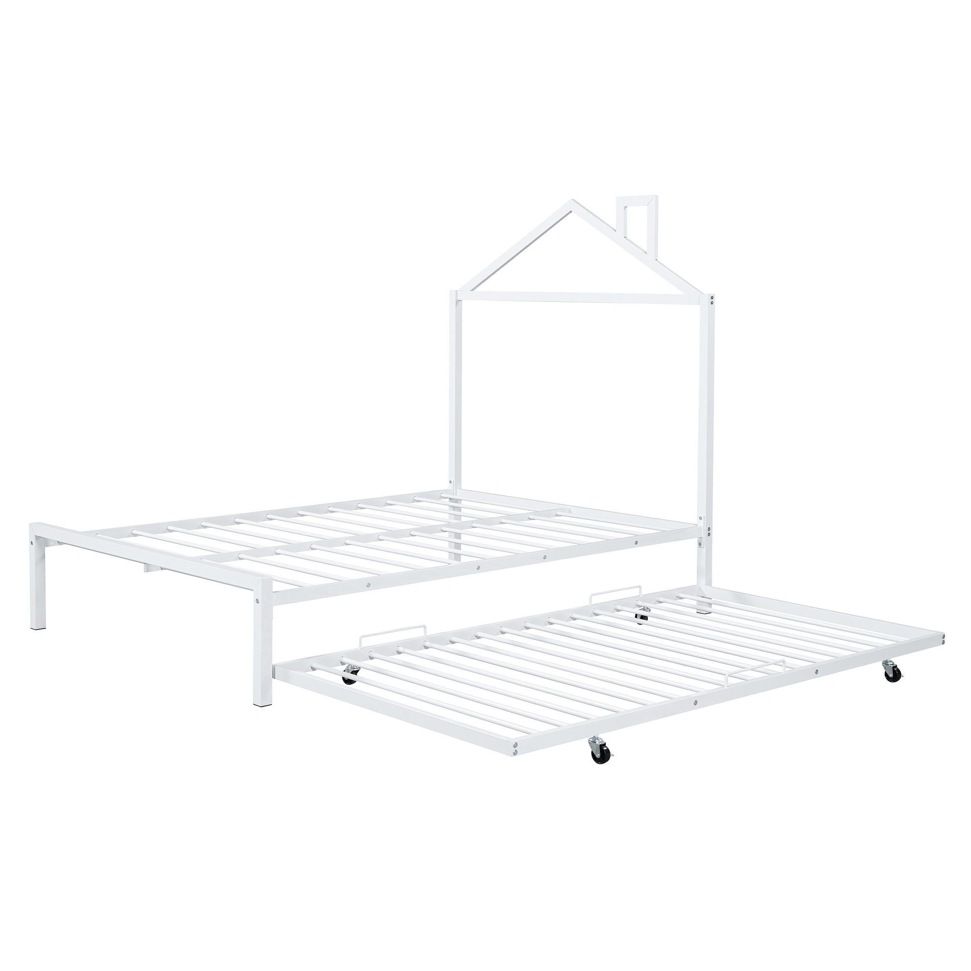 Full Size Metal Platform Bed with twin size trundle,House-Shaped Headboard Design, White