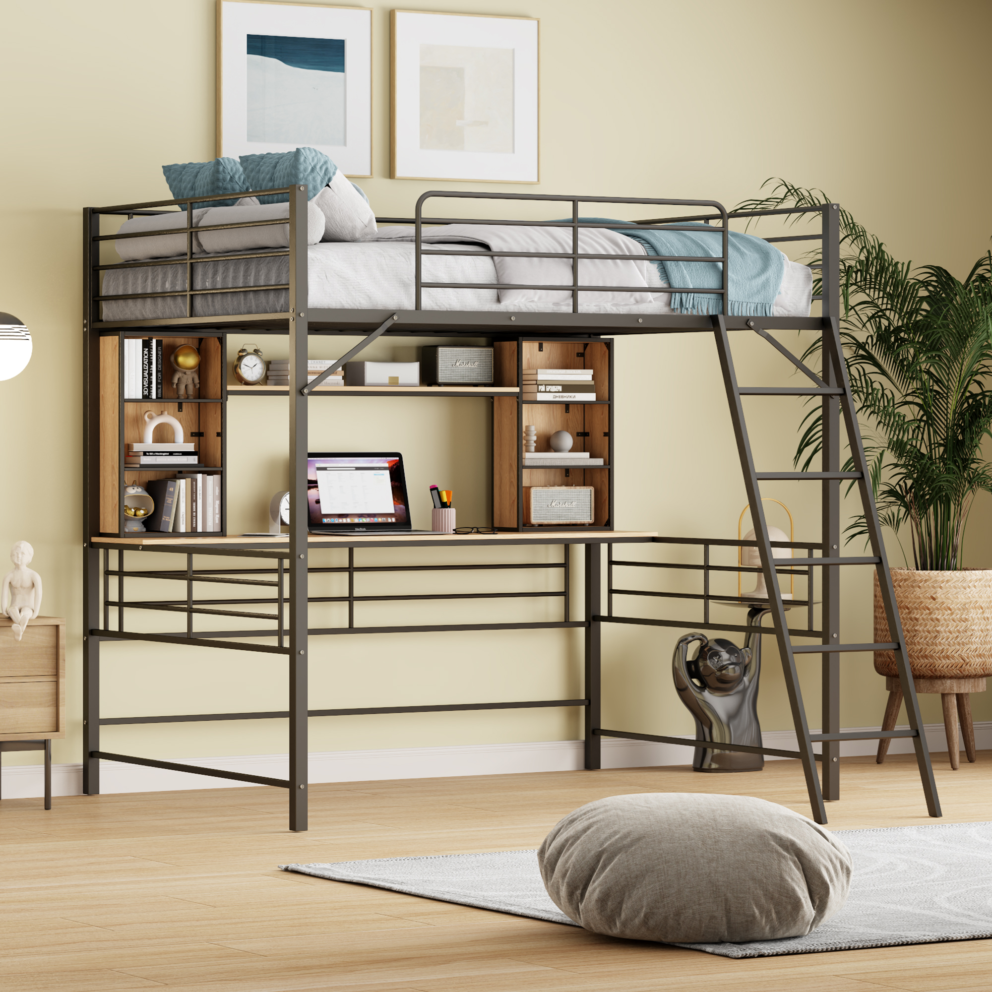 Full Size Loft Bed with Desk and Shelf , Loft Bed with Ladder,Full,Black