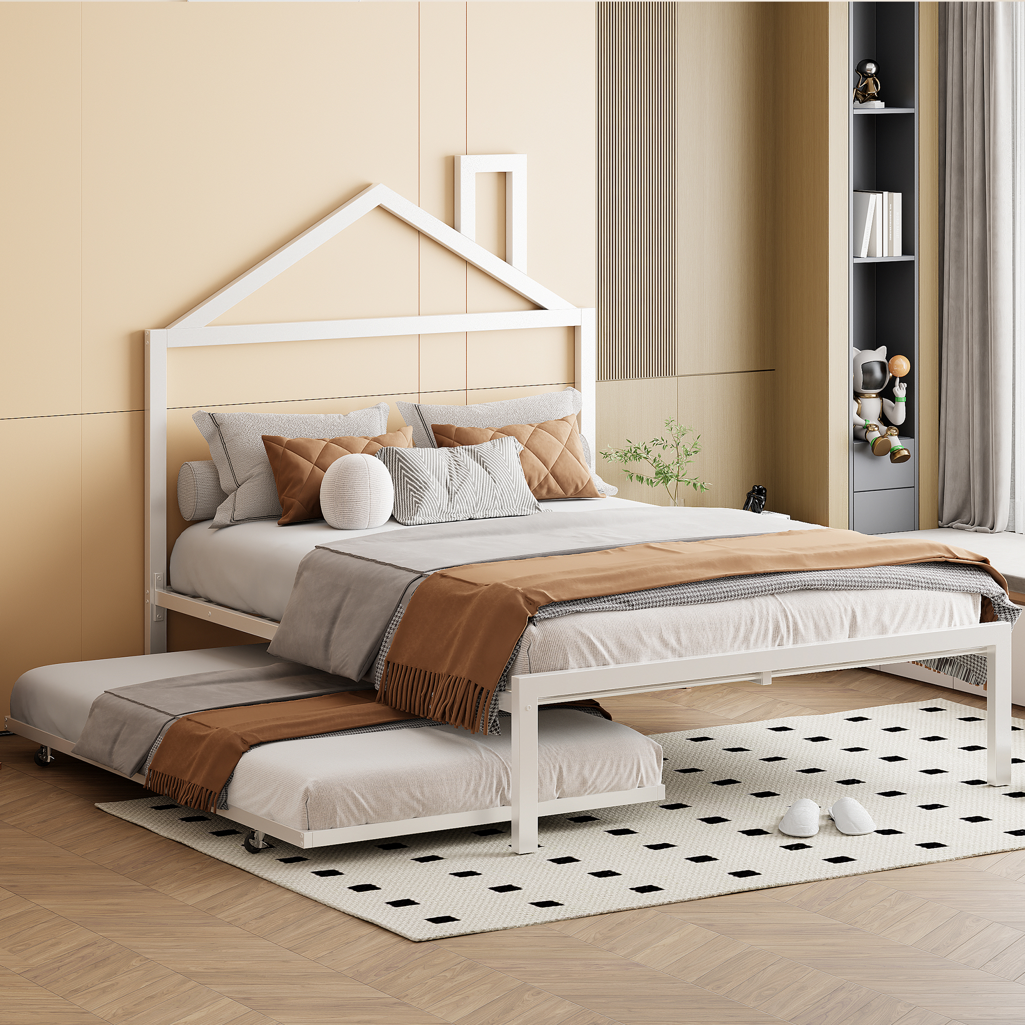 Full Size Metal Platform Bed with twin size trundle,House-Shaped Headboard Design, White