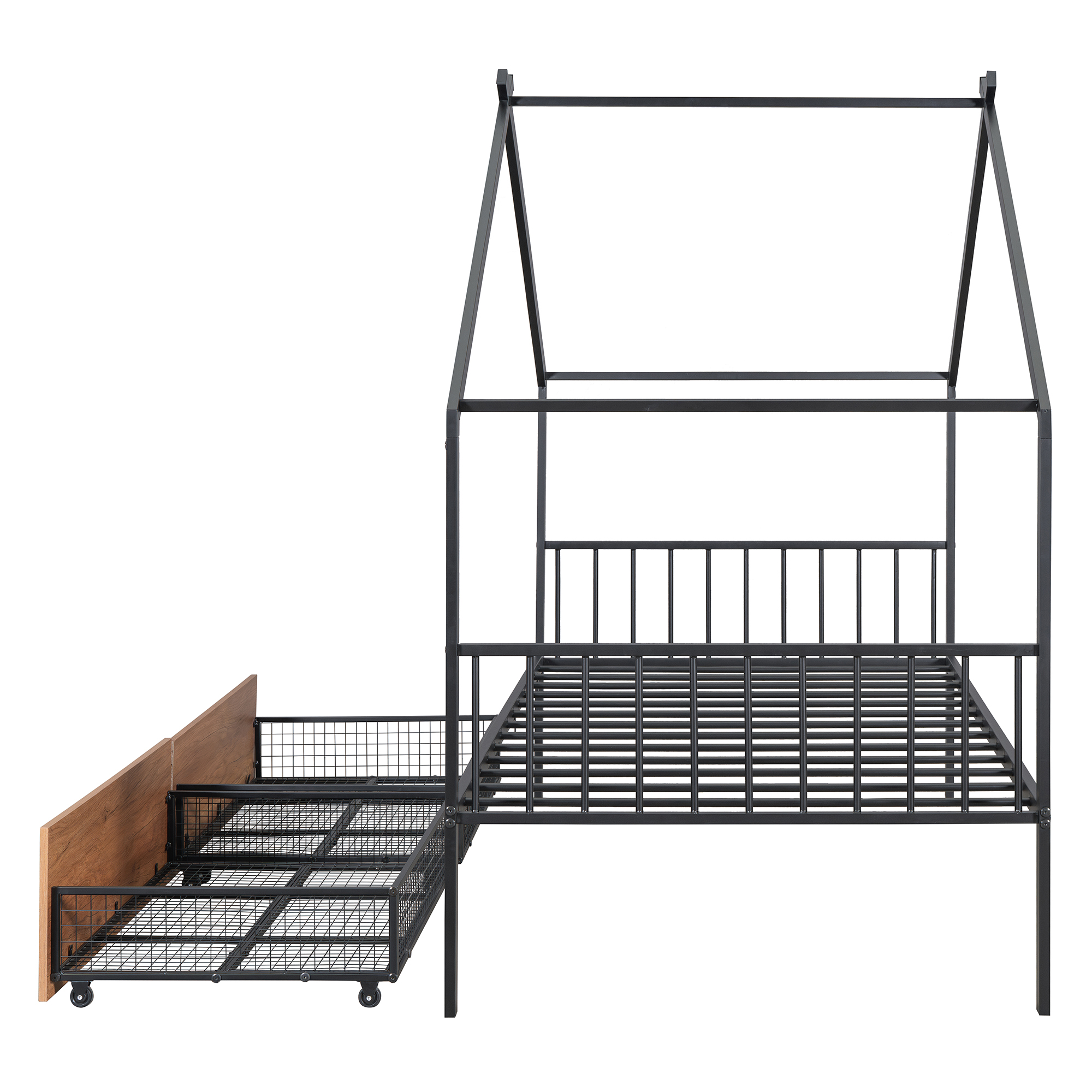 Twin Size Metal House Bed with Two Drawers, Black