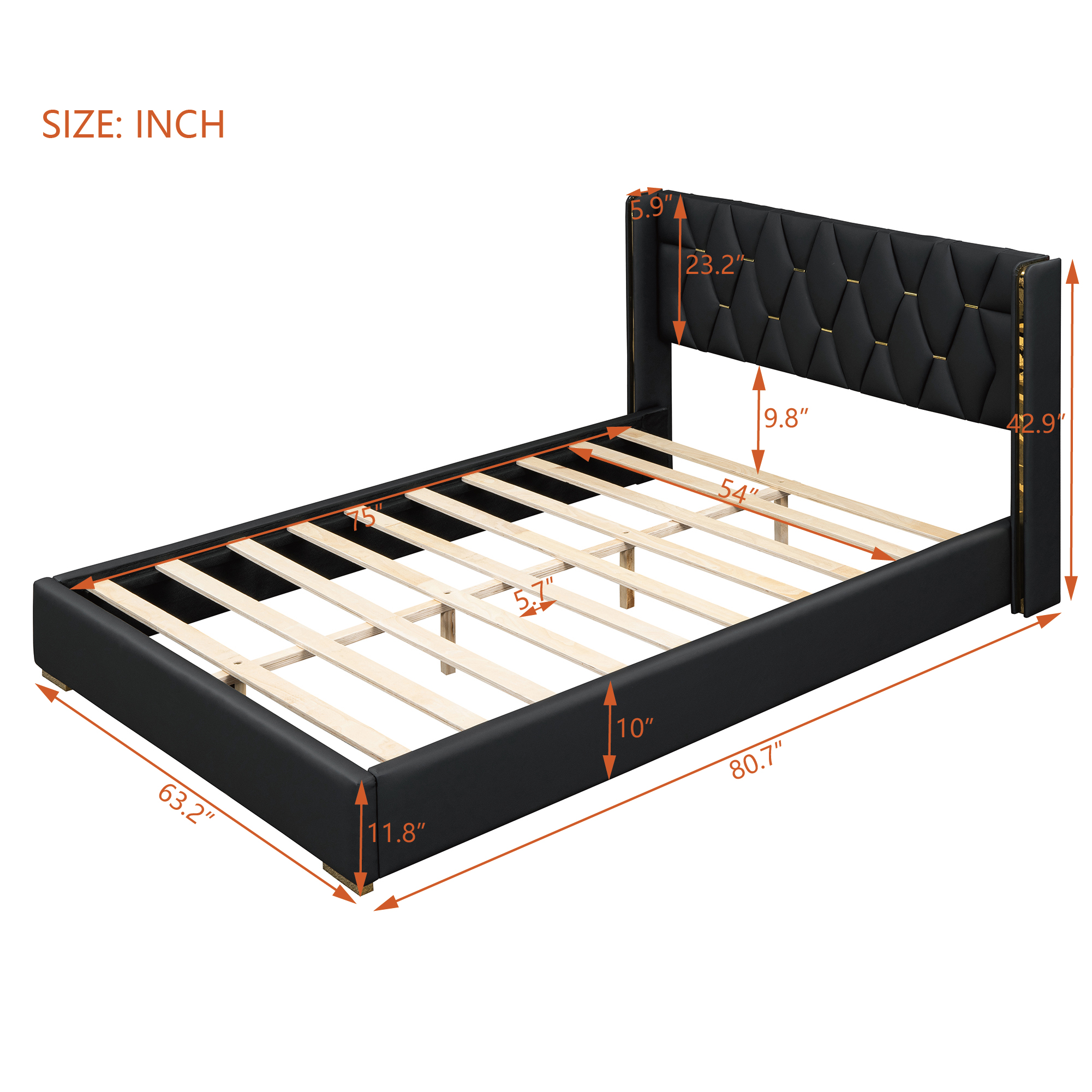 Full Size Upholstered Platform Bed with Metal Strips, Black