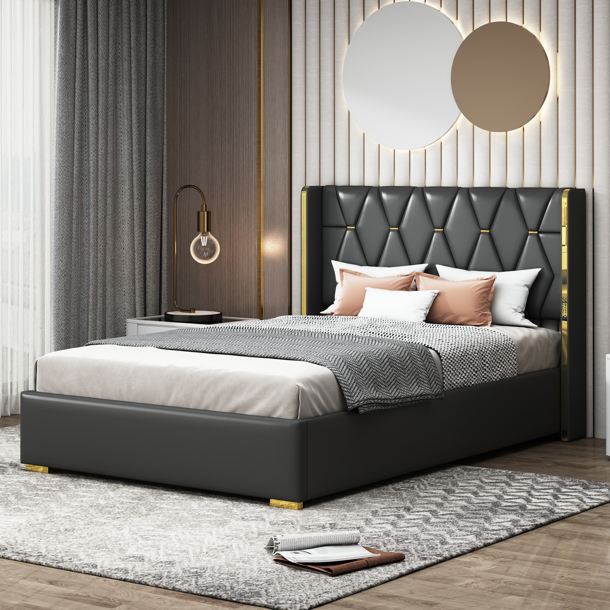 Full Size Upholstered Platform Bed with Metal Strips, Black