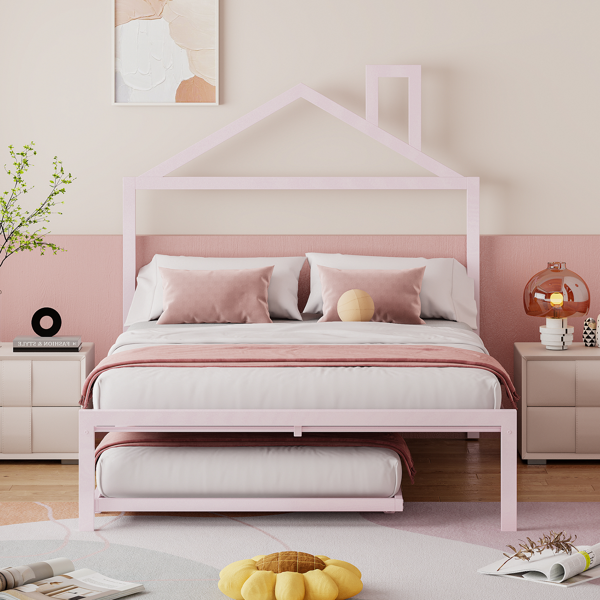 Full Size Metal Platform Bed with twin size trundle,House-Shaped Headboard Design, Pink