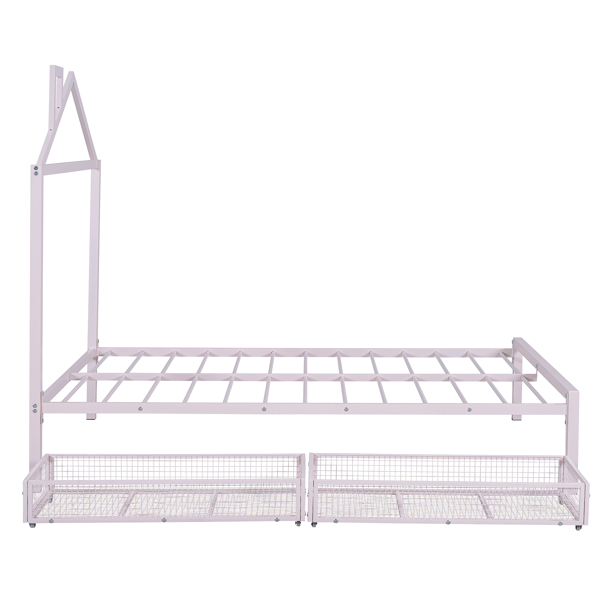 Full Size Metal Platform Bed with two drawers,House-Shaped Headboard Design, Pink