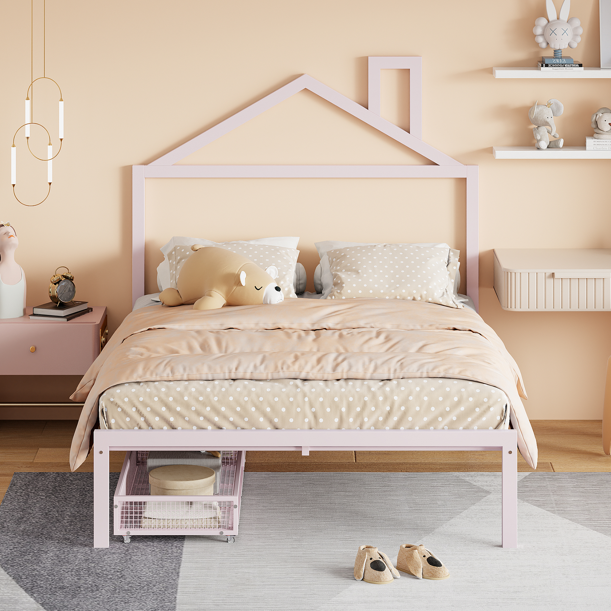 Full Size Metal Platform Bed with two drawers,House-Shaped Headboard Design, Pink