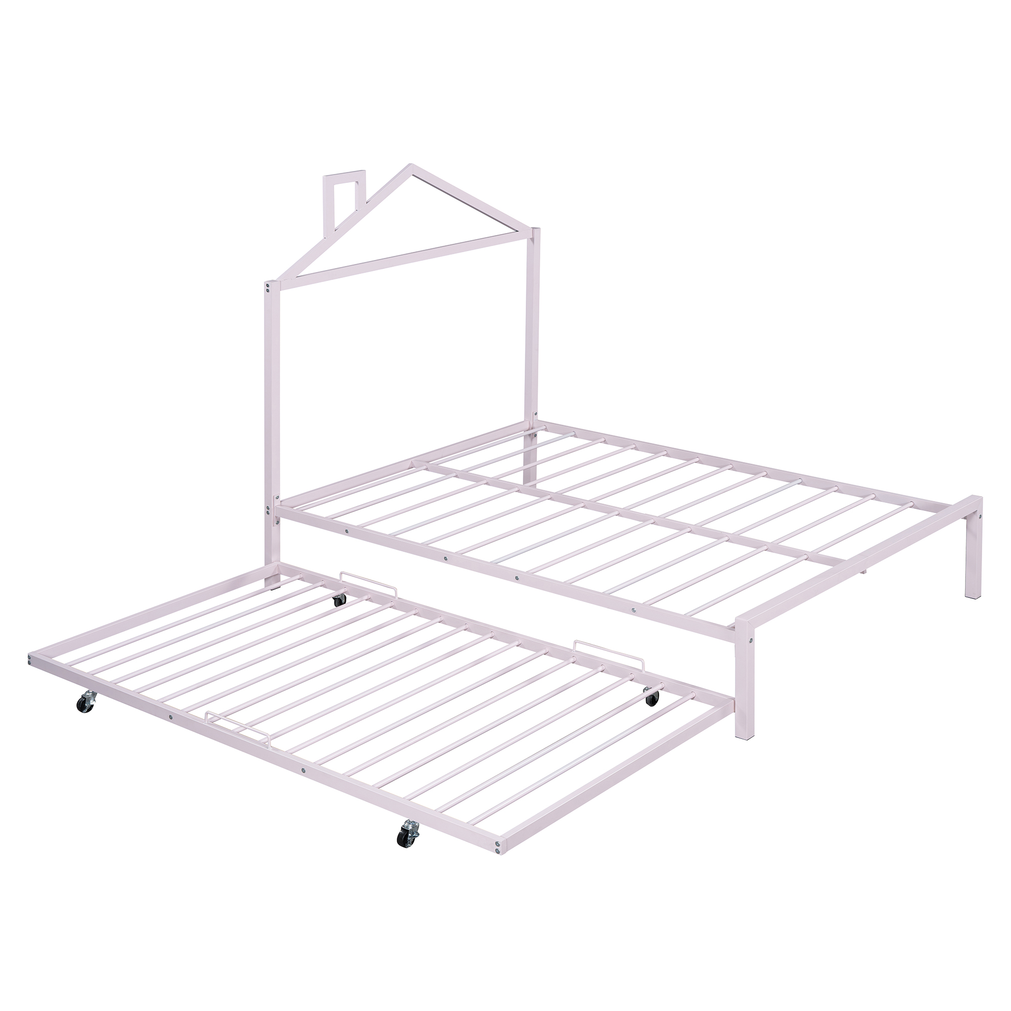 Full Size Metal Platform Bed with twin size trundle,House-Shaped Headboard Design, Pink