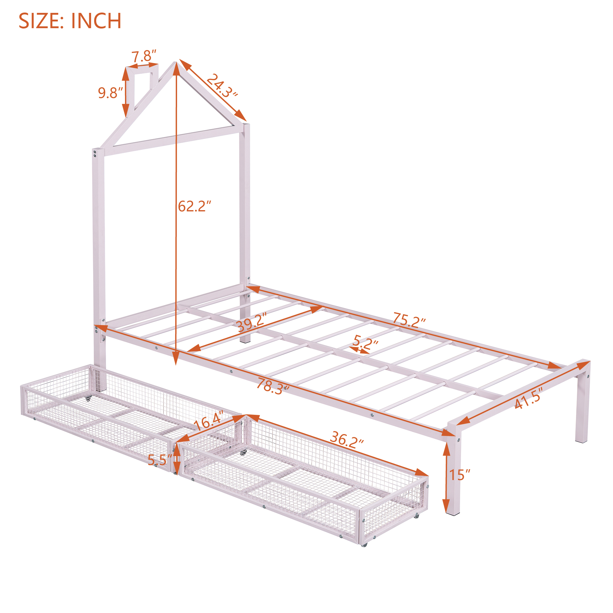 Twin Size Metal Platform Bed with two drawers,House-Shaped Headboard Design, Pink