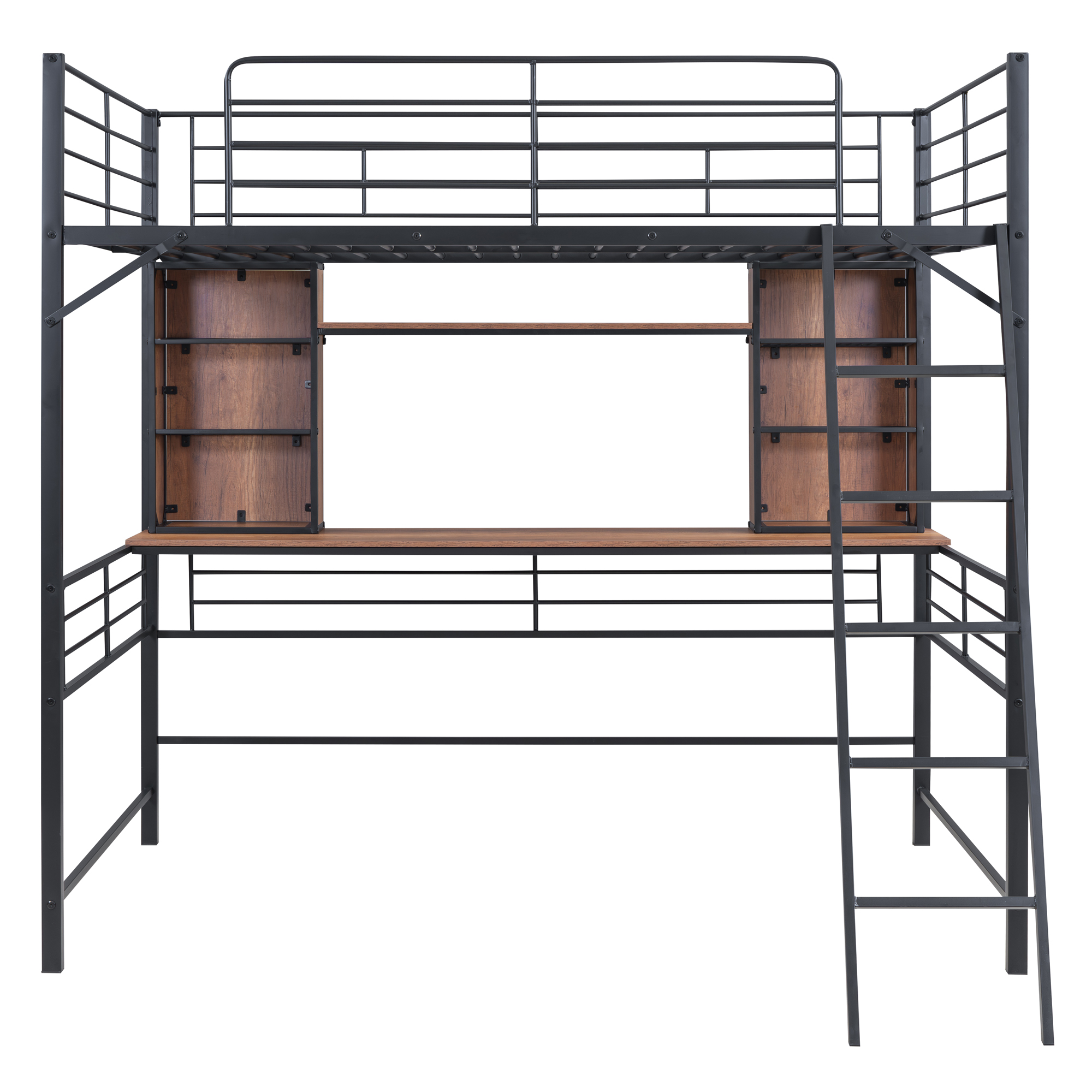 Full Size Loft Bed with Desk and Shelf , Loft Bed with Ladder,Full,Black