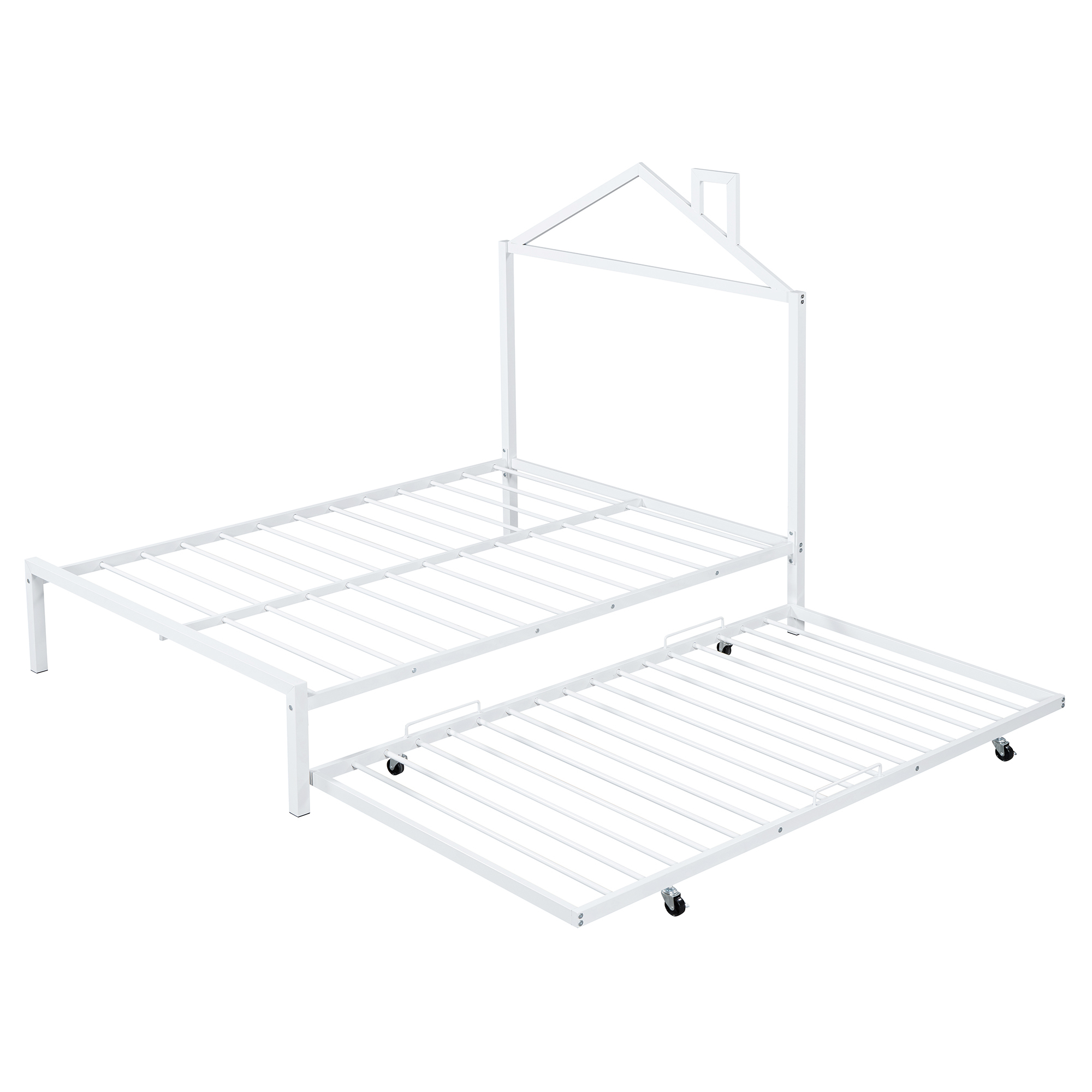 Full Size Metal Platform Bed with twin size trundle,House-Shaped Headboard Design, White