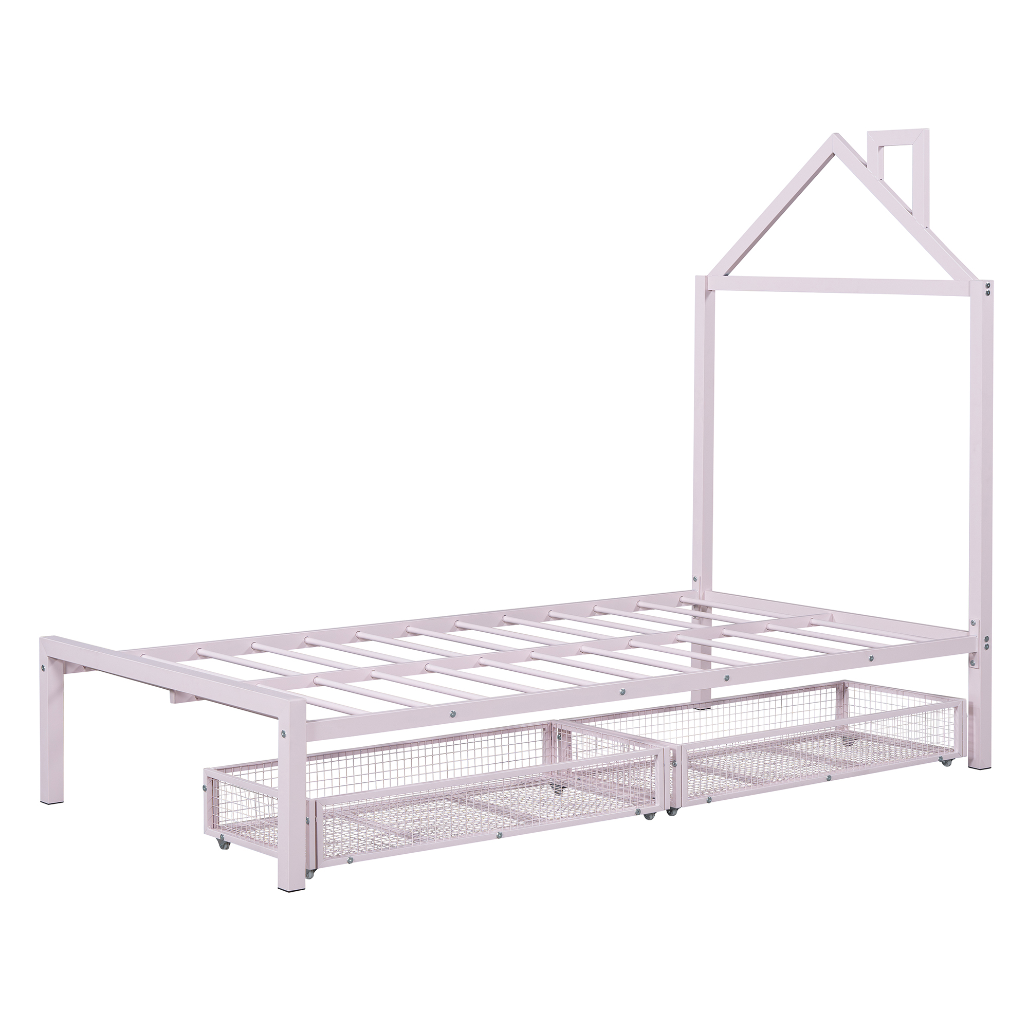 Twin Size Metal Platform Bed with two drawers,House-Shaped Headboard Design, Pink