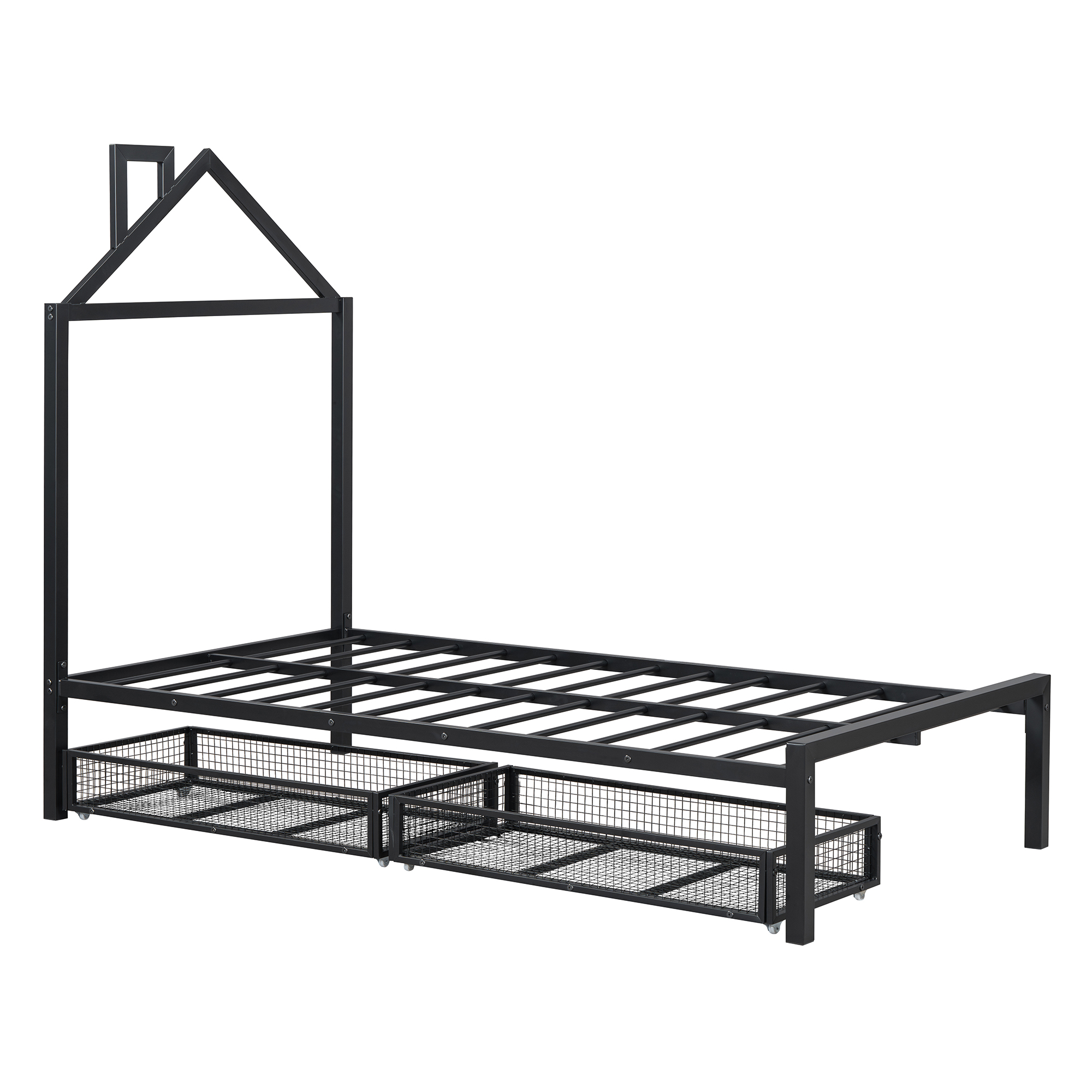 Twin Size Metal Platform Bed with two drawers,House-Shaped Headboard Design, Black