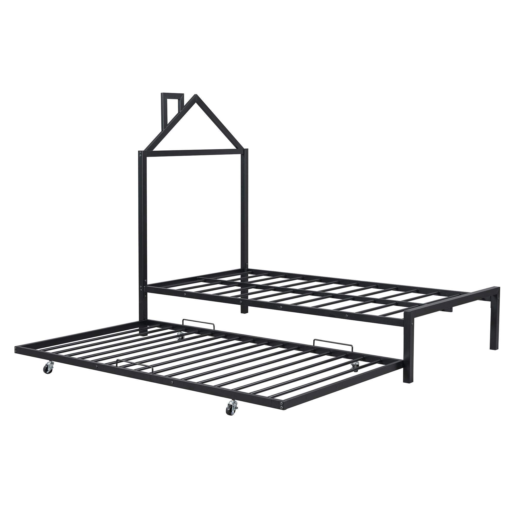 Twin Size Metal Platform Bed with twin size trundle,House-Shaped Headboard Design, Black