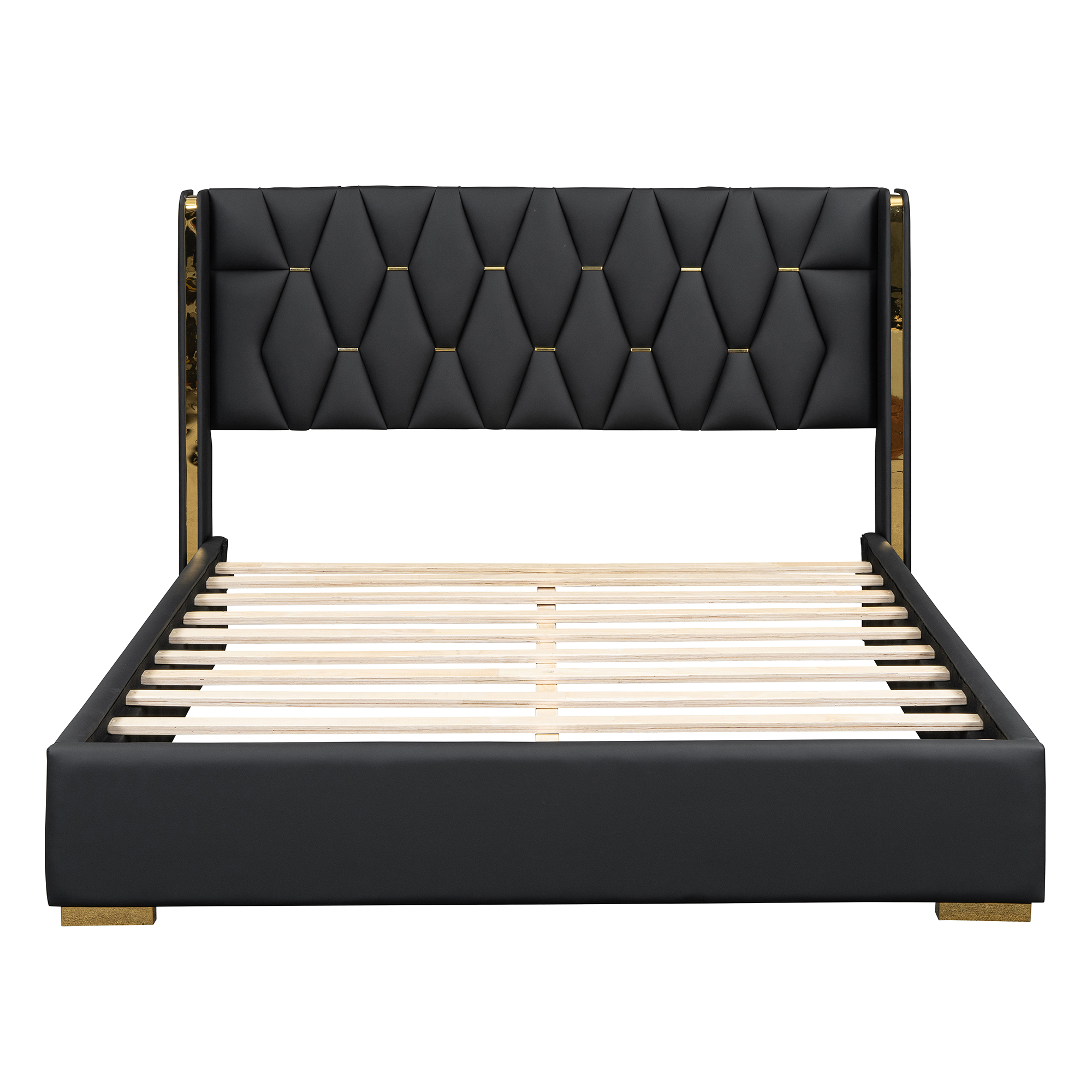 Full Size Upholstered Platform Bed with Metal Strips, Black