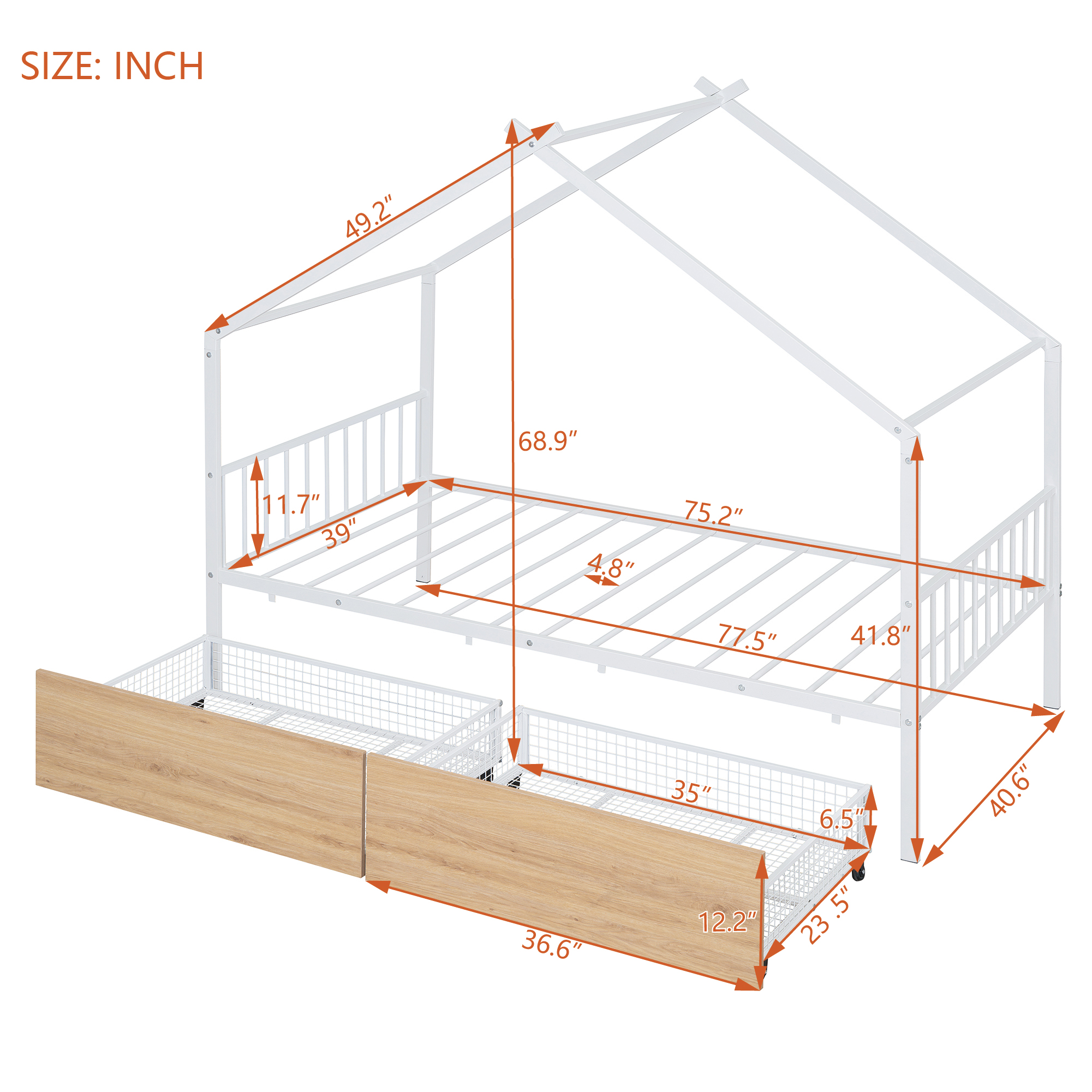 Twin Size Metal House Bed with Two Drawers, White