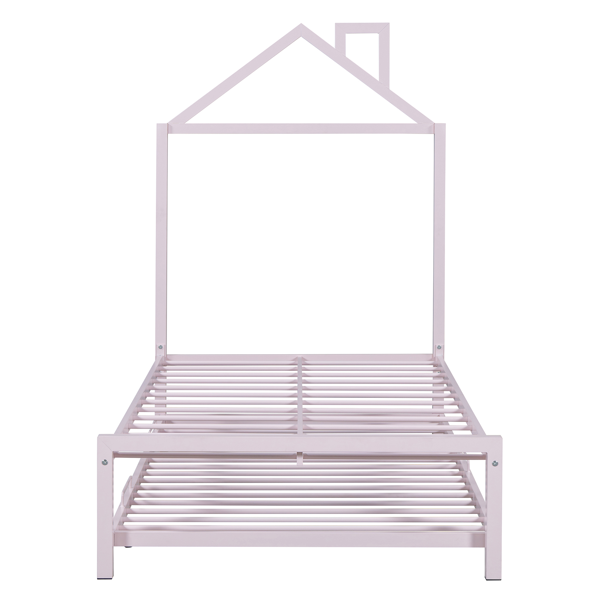 Twin Size Metal Platform Bed with twin size trundle,House-Shaped Headboard Design, Pink