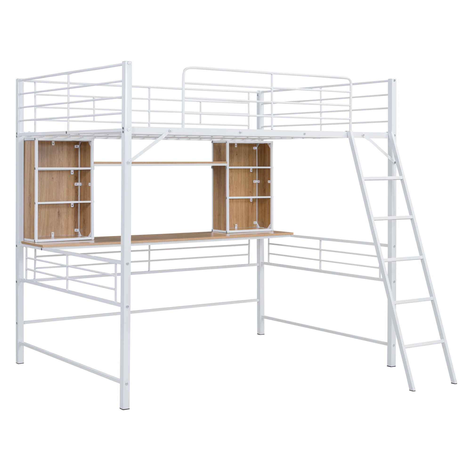 Full Size Loft Bed with Desk and Shelf, Loft Bed with Ladder,Full,White