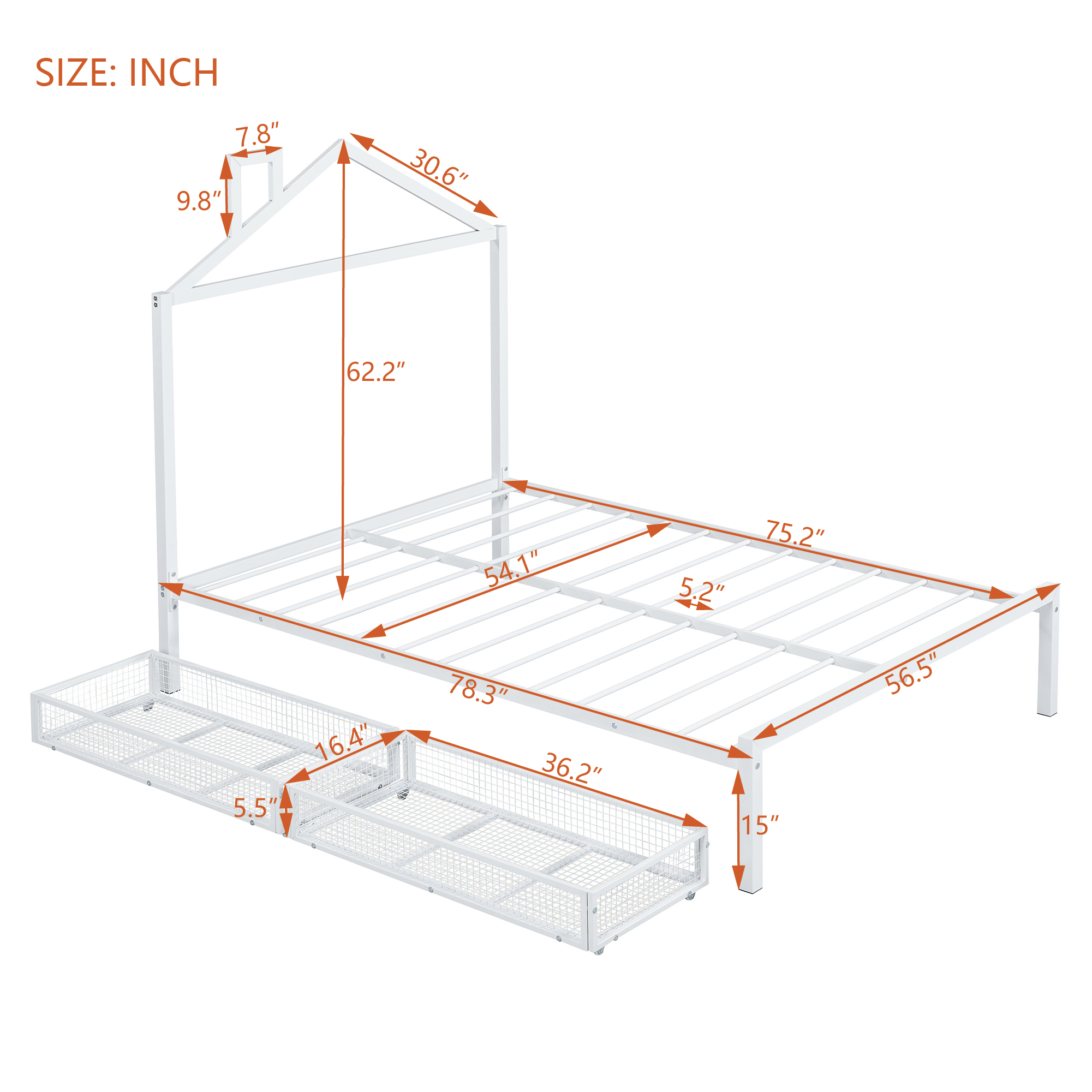 Full Size Metal Platform Bed with two drawers,House-Shaped Headboard Design, White