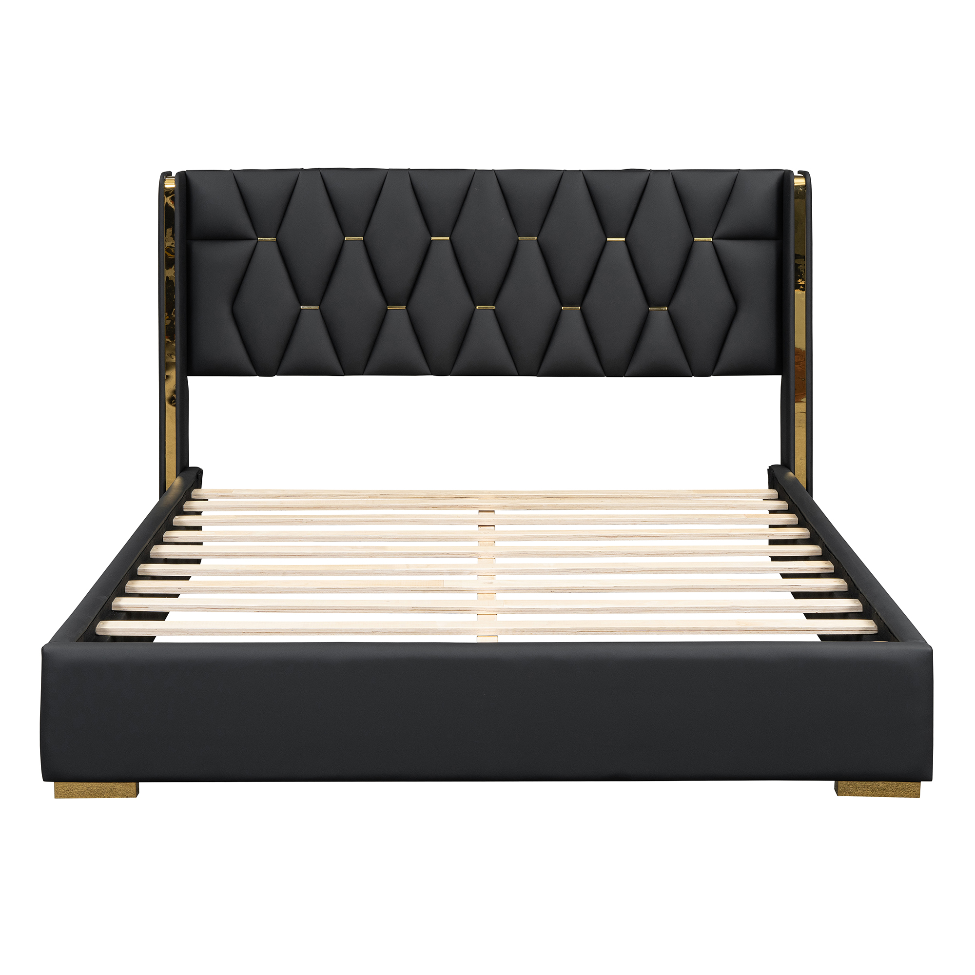 Queen Size Upholstered Platform Bed with Metal Strips, Black