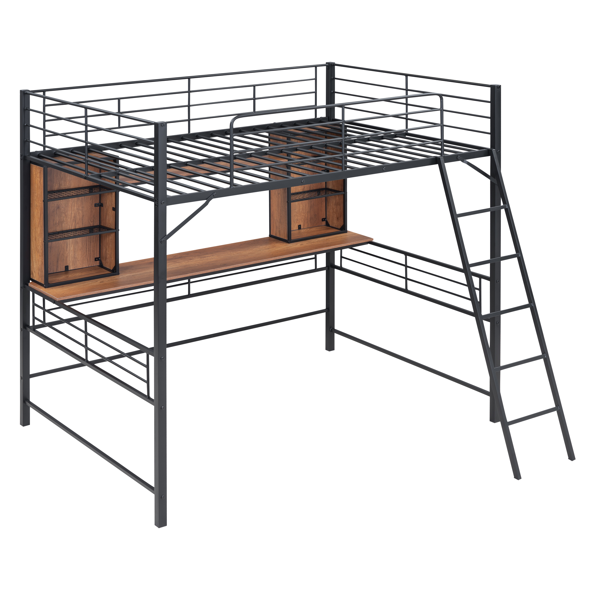 Full Size Loft Bed with Desk and Shelf , Loft Bed with Ladder,Full,Black